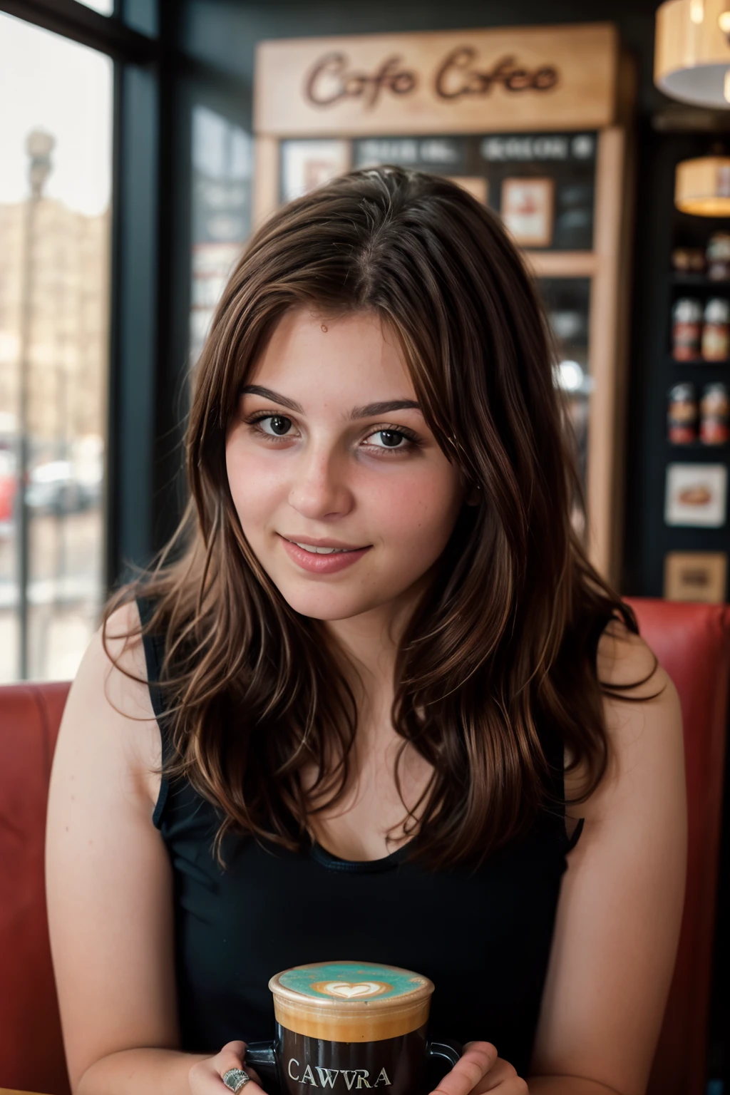 <lora:Pavlina:0.8>, full color portrait of a young woman, having coffee at a vintage cafe, natural light, RAW photo, subject, 8k uhd, dslr, soft lighting, high quality, film grain, Fujifilm XT3