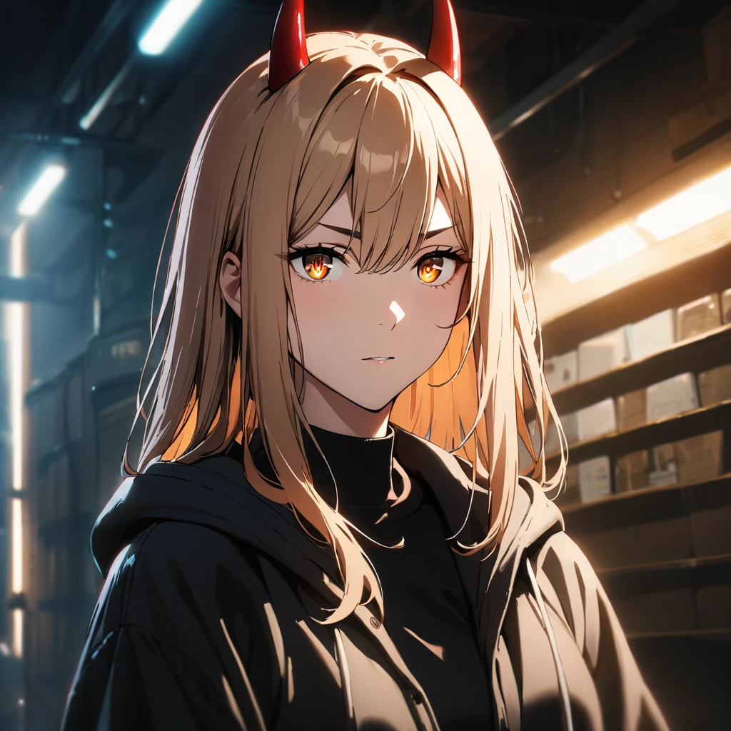 best quality, masterpiece, 1girl, blond hair, red horns, yellow eyes, high quality eyes, cross-shaped pupils, cinematic lighting, <lora:fpower:0.4>