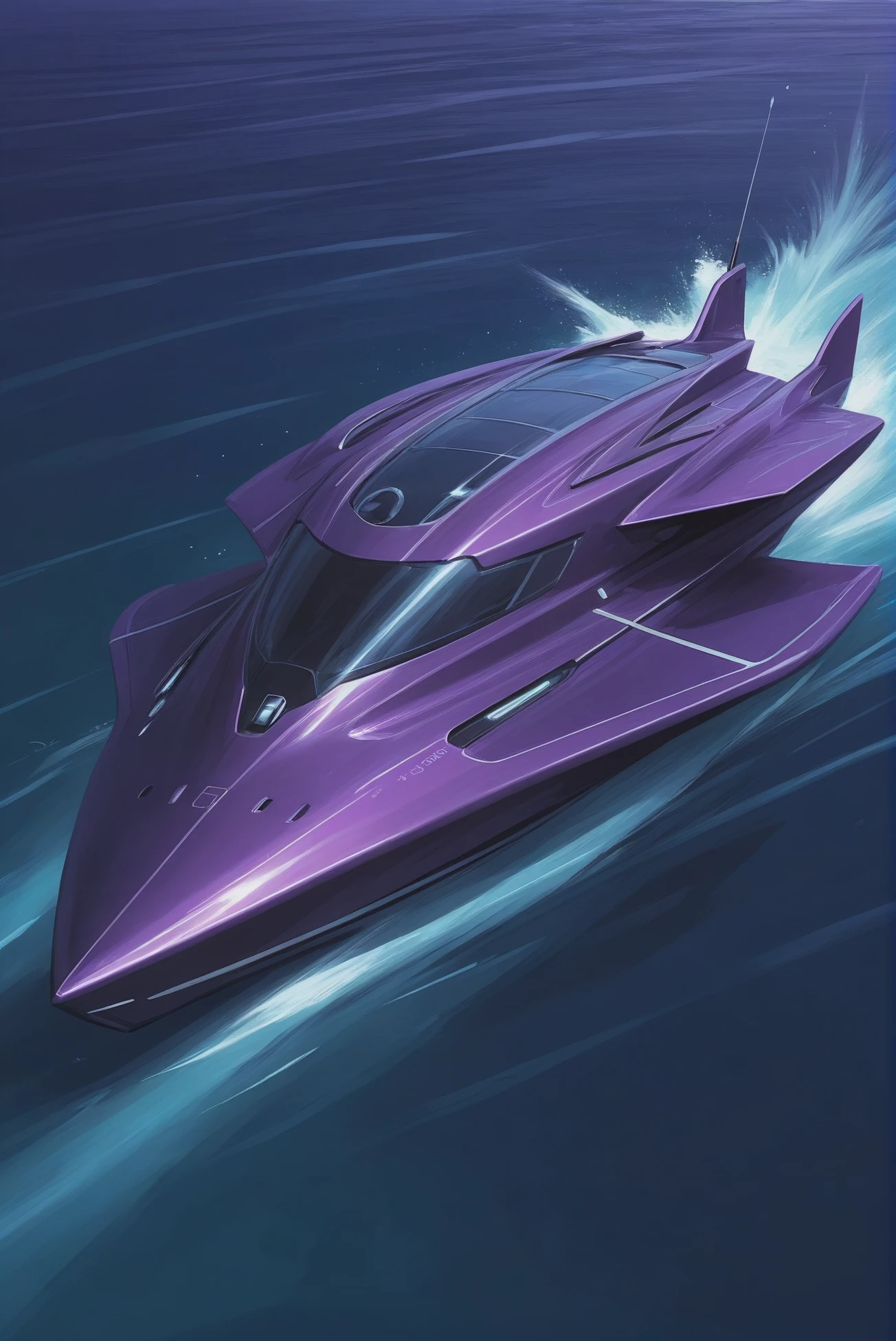 scifi digital painting, A sleek, sleek, futuristic, shiny violet speedboat in a calm sea<lora:EnvyStarlightScifiDigitalPainting01:1>