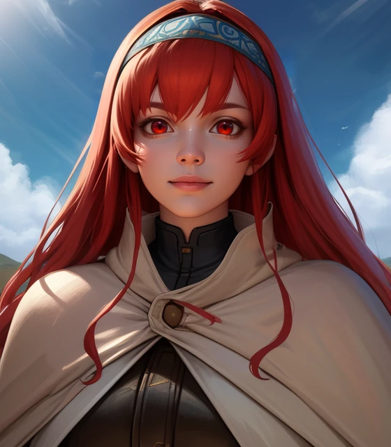 Portrait, Eris Greyrat, Red eyes, Adventurer's clothes, Headband, Cape, A little smile,
(Standing pose:1.2), Clouds, Grass, Blue light, Vegetation,
(Realistic:0.8), Low colors, Soft light, HDR, highly detailed face and eyes, Masterpiece, Best quality, intricate, highly detailed, 8k, Trending on artstation,
<lora:Gabachek_Eris_Greyrat-01:0.7>