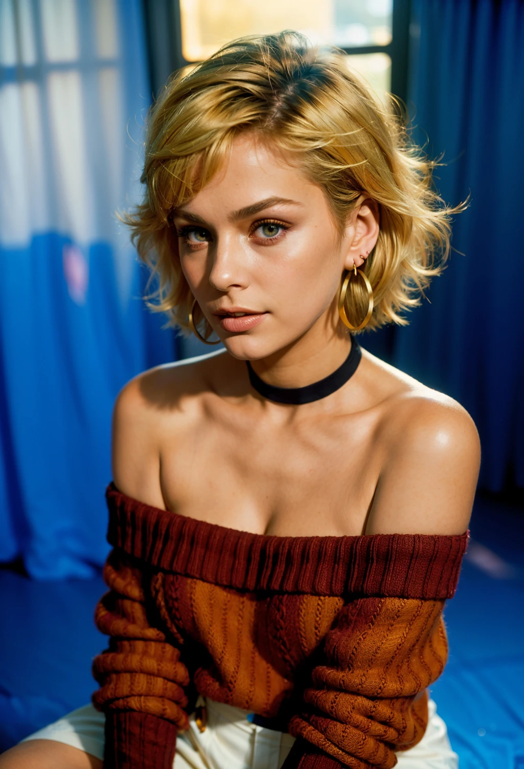 (seductive pose), (dynamic angle), (indoors)
fashion photography, depth of field, ((color graded, volumetric lighting, dramatic shadows)), (vivid contrast), colorful, highly detailed, intricate, film grain, analog photo, film stock,
BREAK a photograph of (1girl, slight smile, wearing makeup, blonde hair, very short hair)>, <lora:80s_style_v1:1>, 1980s \\(style\\), retro artstyle, wearing (off shoulder, sweater, large earrings), realistic,