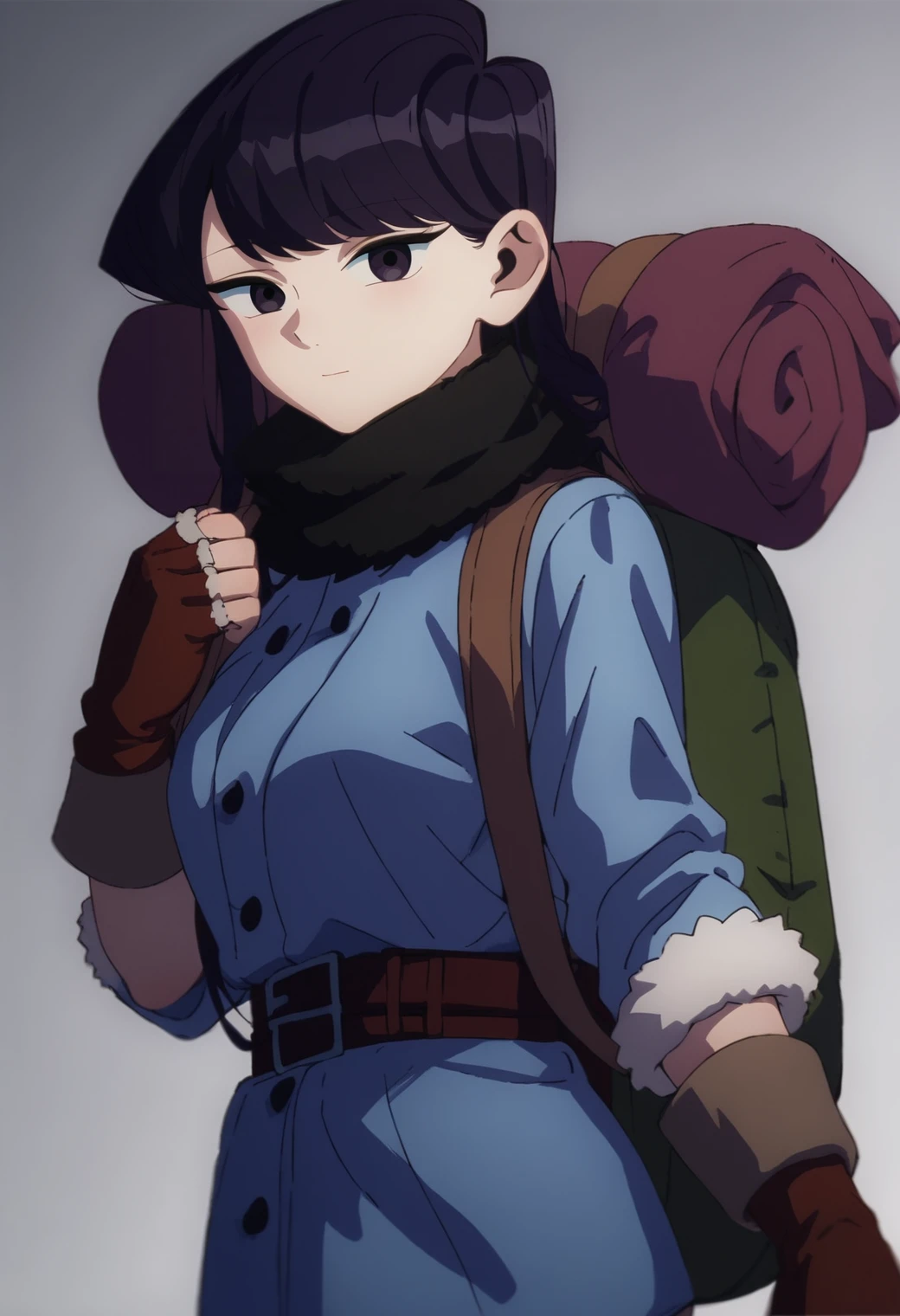 source_anime, score_9, score_8_up, score_7_up, rating_excplicit, 1girl, komi shouko, ,<lora:DMAnimeStyle:1> half-foot, gloves, backpack,  fingerless gloves,  boots,  fur trim, light smile, looking at viewer,