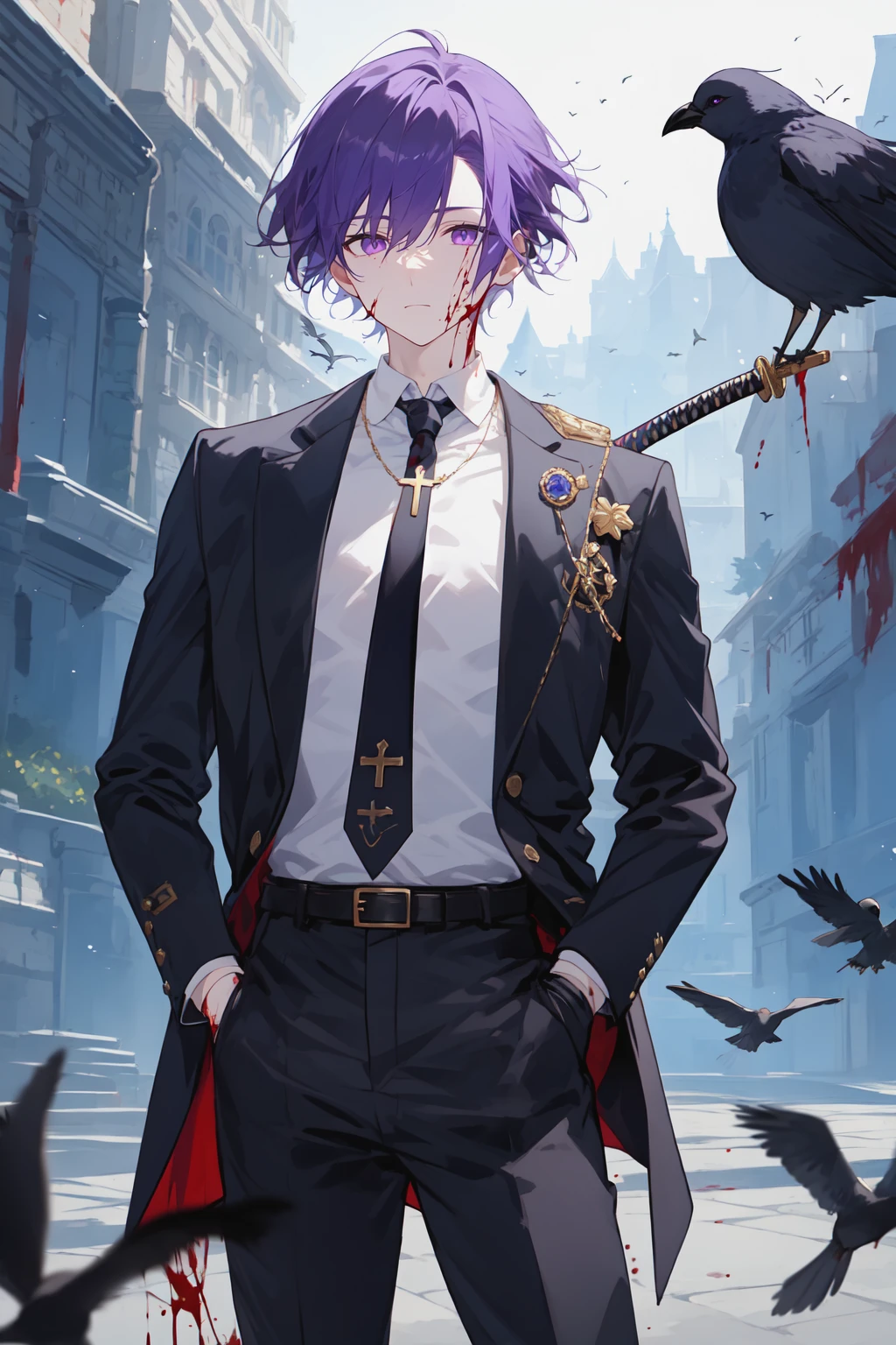masterpiece, best quality, solo, looking at viewer, short hair, shirt, long sleeves, 1boy, gloves, closed mouth, jacket, purple eyes, white shirt, purple hair, male focus, weapon, outdoors, cowboy shot, necktie, black gloves, collared shirt, pants, belt, sword, necklace, black jacket, blood, black pants, bird, chain, formal, suit, cross, katana, sheath, black belt, hand in pocket, blood on face, shirt tucked in, blood on clothes, bishounen, crow, bird on shoulder