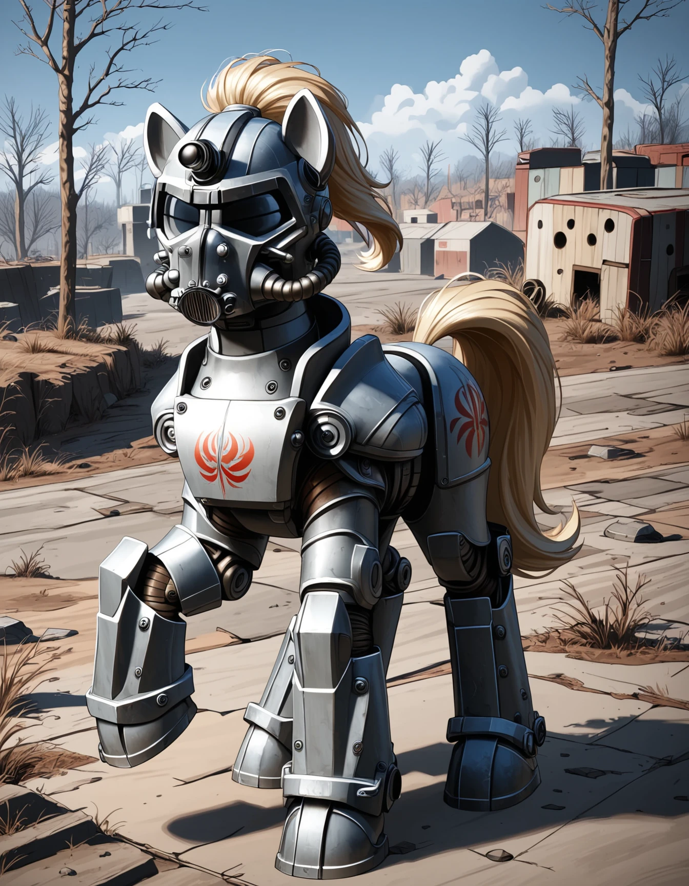 score_9, score_8_up, score_7_up, score_6_up, score_5_up, score_4_up,  
source: illustration, fallout, expressive, full body armor,t60, pony, feral, (cute:1.1), beautiful, pretty,(power armoroutfit:1.15), (helmet:1.15), The character has blonde hair styled into a ponytail,at an appocalyptic landscape from fallout,, highly detailed, intricate details, digital art, perfect anatomy, perfect proportions, 4k,  dynamic pose,