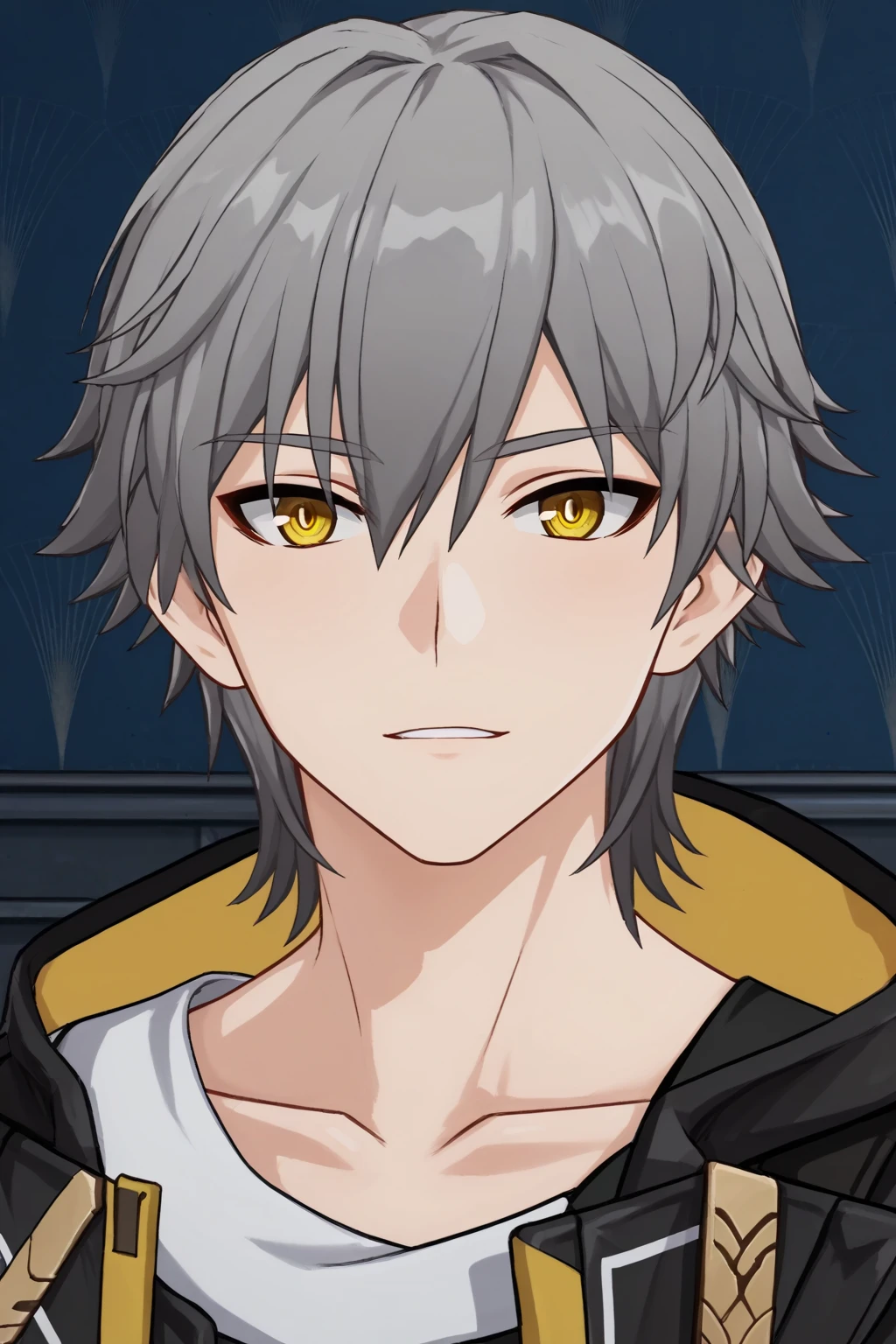 score_9, score_8_up, score_7_up, source_anime, BREAK, 1boy, male focus, caelus, grey hair, hair between eyes, (yellow eyes:1.3), (perfect face, perfect eyes:1.2), neutral expression,
BREAK, bishounen, pale skin, slim, toned,
BREAK,
(portrait:1.2), indoors, simple background<lora:EMS-32082-EMS:1.000000>, <lora:EMS-22619-EMS:0.800000>, <lora:EMS-372572-EMS:0.800000>