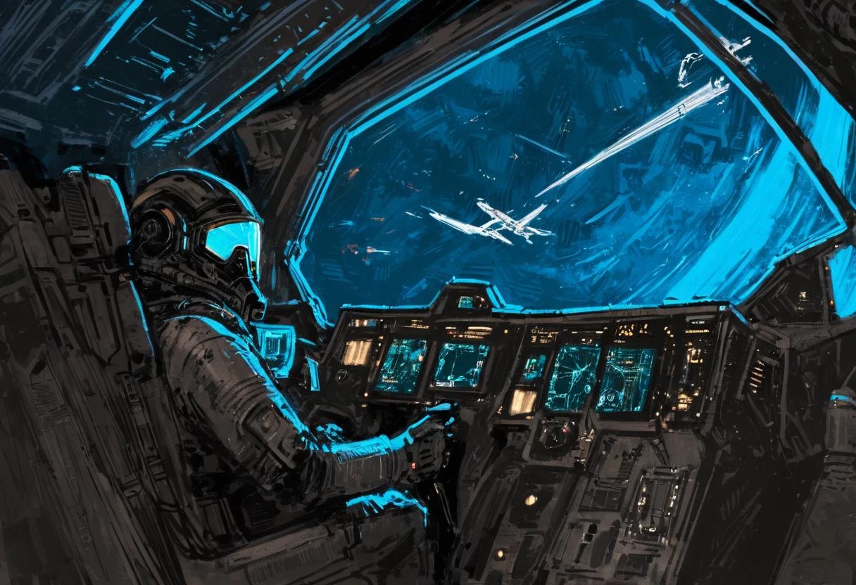 Digital painting, female Servitor pilot, blue eyes, glowing eyes, navigation system, HUD, mechanical parts, grim dark, gritty, solo focus, cockpit, piloting, sitting, spacecraft, 
line art, extremely detailed, dynamic shading, grimdark, expressive, impasto, volumetric lighting, matte painting,
 <lora:Servitor:1>