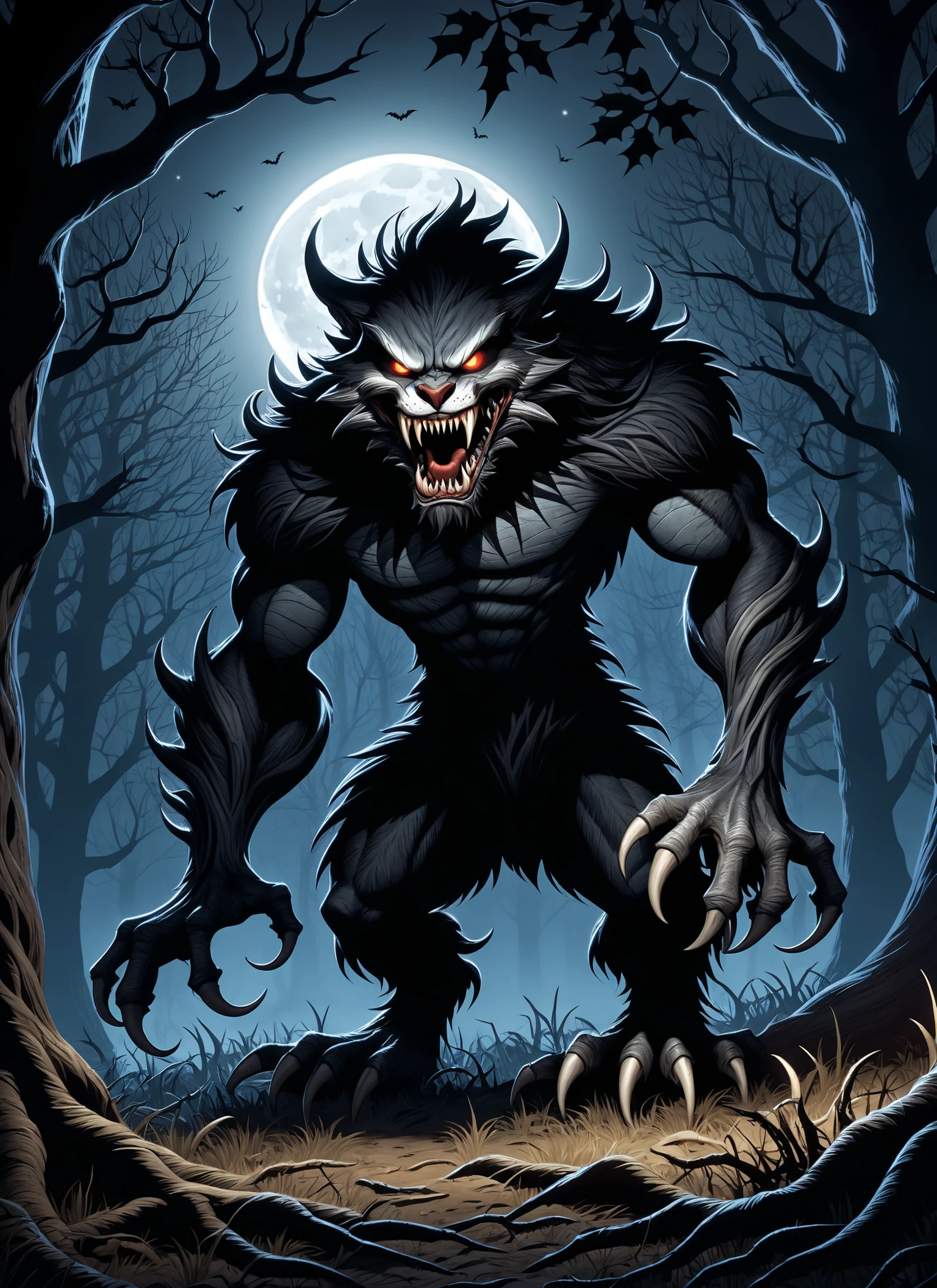 anime artwork of <lora:Werewolf style:1.2>
wide angle of a werewolf is climbing a tree branch in the dark with moonlight in background Werewolf Style, anime style, key visual, vibrant, studio anime, highly detailed
