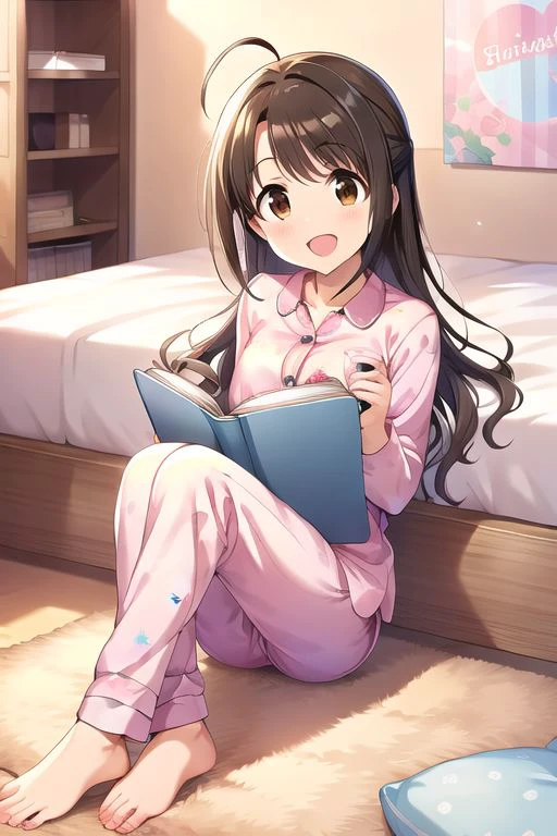 (masterpiece),shimamura uzuki, long hair, brown hair, brown eyes, smile, pajamas, ahoge, open mouth, barefoot, pillow, black hair, on stomach, short hair, bed, lying, book
