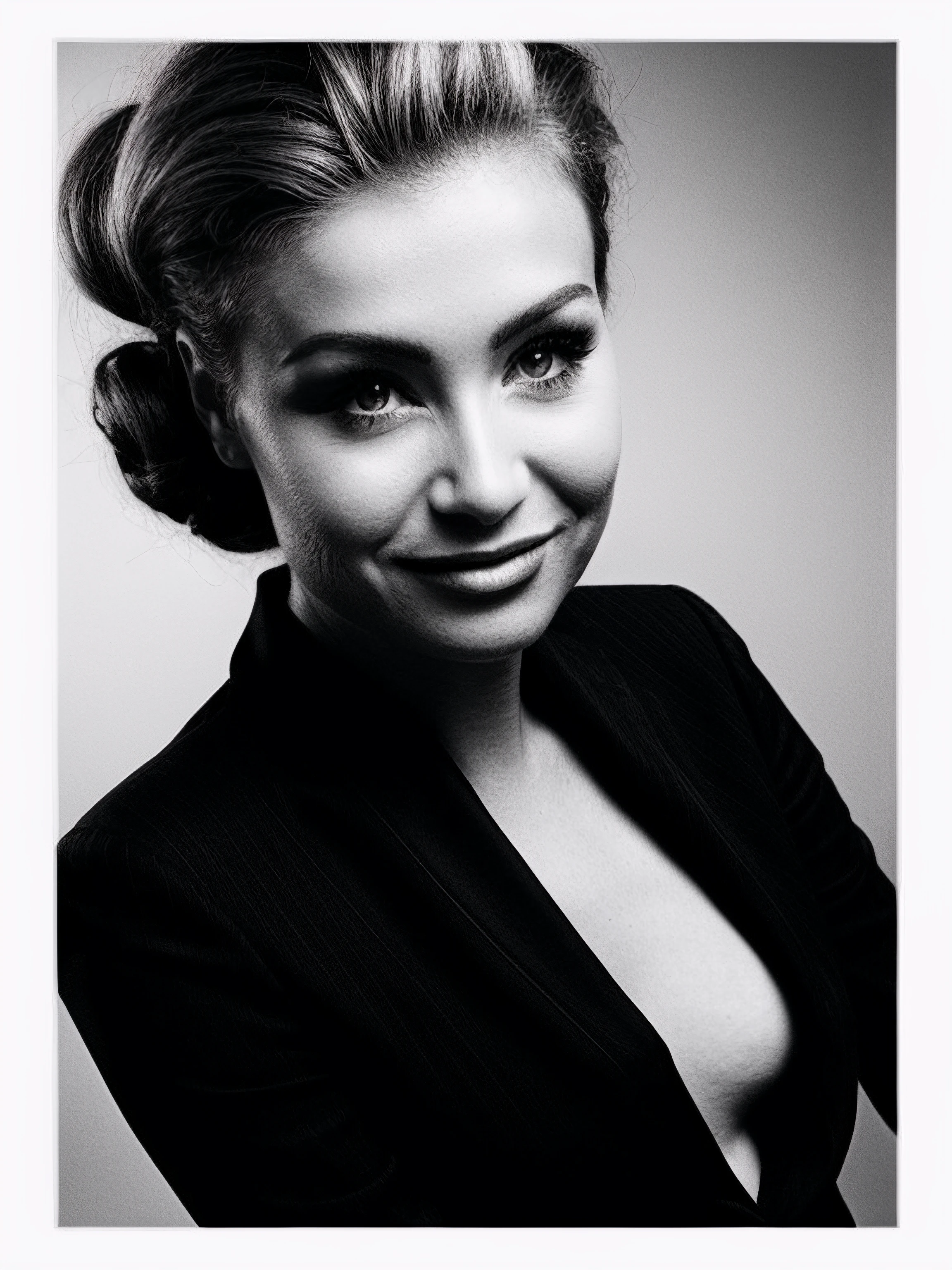 monochrome pdr, monochrome, portrait, 1950's hairdo, dutch angle, formal hairstyle, glamour, headshot, black and white, (looking at viewer), <happy512>:0.3, <likenesshelpbyshurik3>:0.7 . black and white, contrast, tone, texture, detailed
