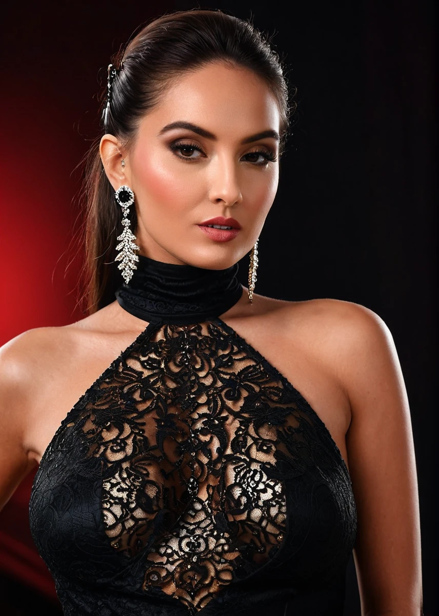glamorous photo of a captivating masterpiece of an woman in a (((neckholder dress with turtleneck and cleavage))) ,long earrings, necklace, half body, The intricate lace and gold details exude a very rebellious aura. ((The use of high-shine gloss adds a touch of glamour to the look)), ((while the deep red and black hues give it a dramatic vibe)), blurred background, studio ligthing, facing camera, shallow depth of field, <lora:MS_TatianaCoco_V1_SDXL:0.8>, high fashion, luxurious, extravagant, stylish, sensual, opulent, elegance, stunning beauty, professional, high contrast, detailed,