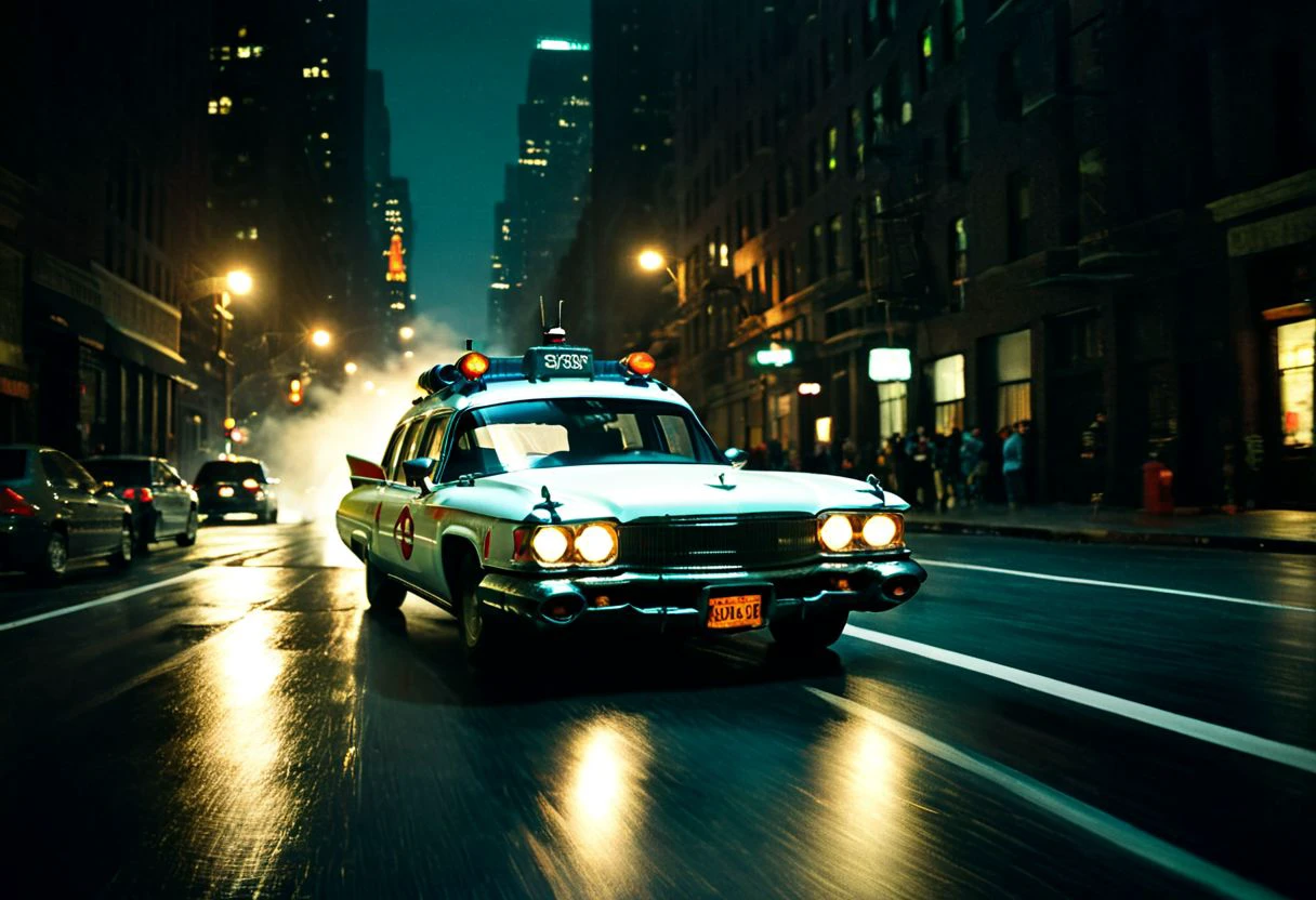 a studio photo of ecto_1, vehicle focus, racing through New York City streets at night, vehicle focus, licence plate, front view, dark, chiaroscuro, low-key, beautiful, science fiction, best quality high resolution, beautiful, highest quality, masterpiece, highly detailed, volumetric light, global illumination, studio photo, highly detailed, sharp focus, epiCPhoto,