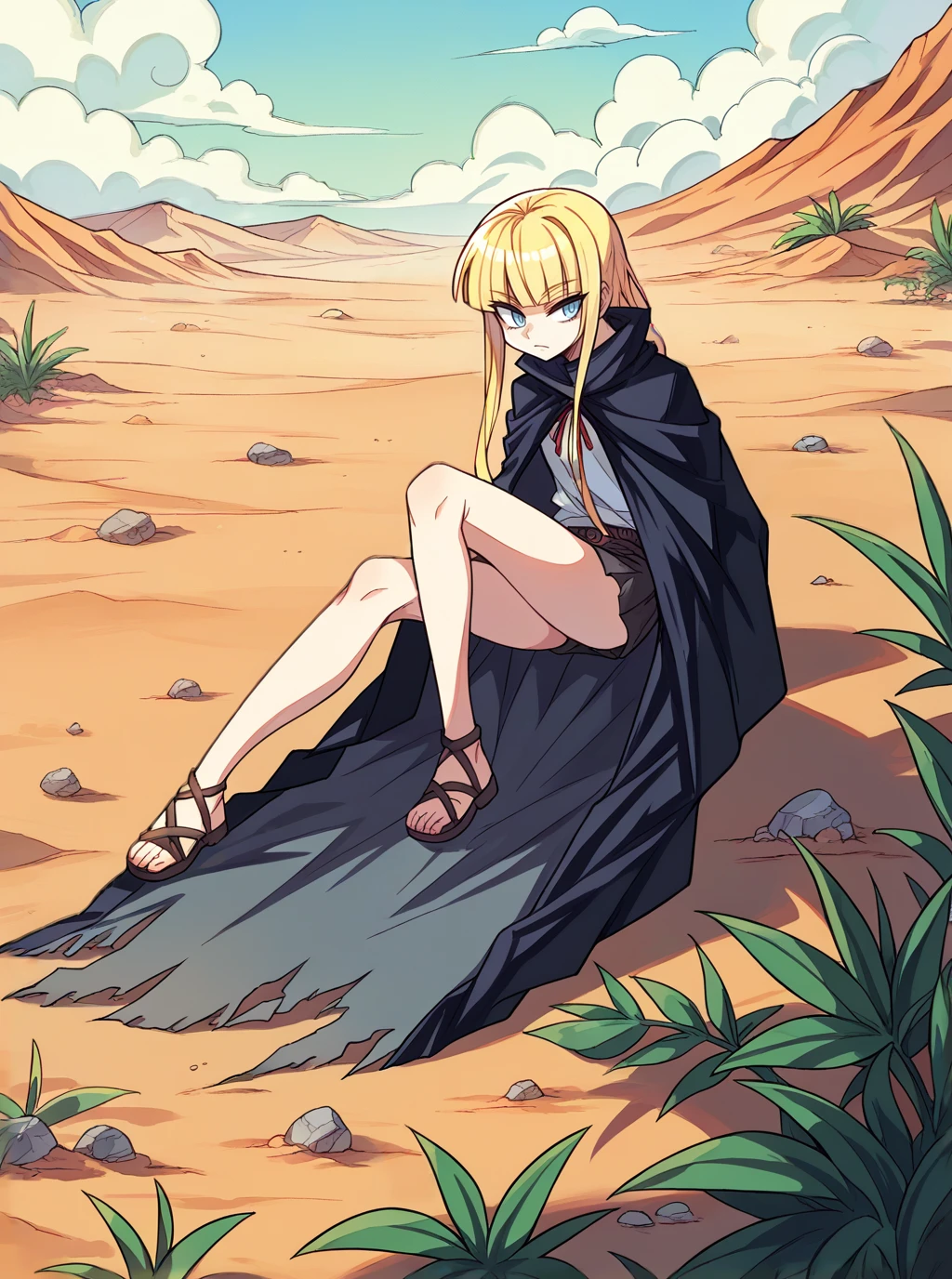 score_9, score_8_up, score_7_up, source_anime, solo, 1girl, evangeline a.k. mcdowell, blonde hair, blunt bangs, mars, orange desert, black cloak, __forest__, , Ricoh Caplio RR10, <lora:evangeline_PDXL-000002:1>