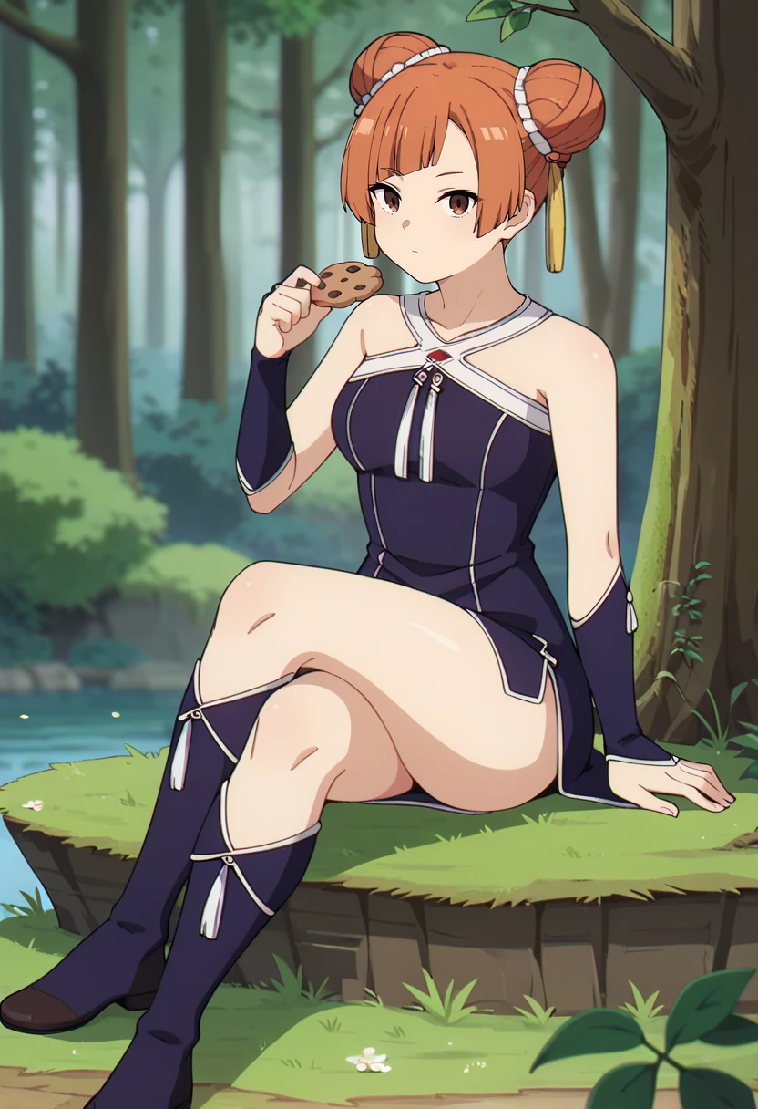 score_9, score_8_up, score_7_up,
<lora:SousouNoFrieren_LaufenXL:0.8>, LaufenSSnF,
1girl, solo, closed mouth,
orange hair, short hair, hair bun, brown eyes, tassel,
china dress, purple dress, sleeveless, halterneck, bridal gauntlets,
sitting, looking at the viewer, crossed legs, eating cookie,
fantasy, medieval, photo background, forest, tree, moss, stream, stone, leaf, maple tree, grass, nature, blurry background