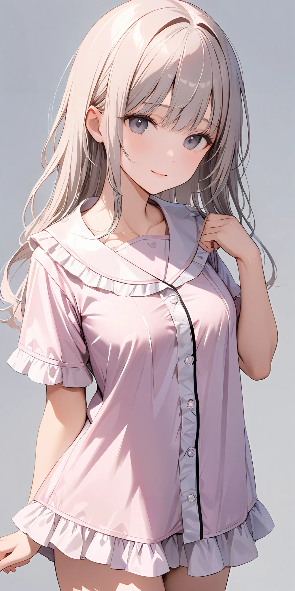 masterpiece,ultra-detailed,best quality,8K,illustration,cute face,clean skin ,shiny hair,woman,middle breasts,simple background,cowboy shot
 <lora:add-detail-xl:1> <lora:pajamas_XL_V1.0:0.8> jyojifuku, pajamas,dress,frills