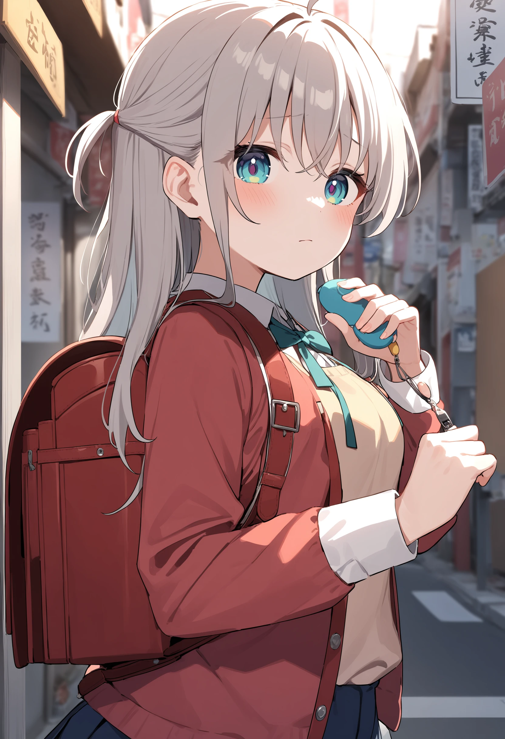 1girl,sincos, ningen mame, toosaka asagi,solo,medium breasts,school uniform,
crime prevention buzzer, holding, looking at viewer, hands up, randoseru, backpack,<lora:crimepreventionbuzzer_XL_v1:0.8>
from side, panorama shot, looking at viewer, gray hair, silver eyes,bored, Akihabara city, closed mouth, half updo hair,,
best quality, very aesthetic, absurdres,