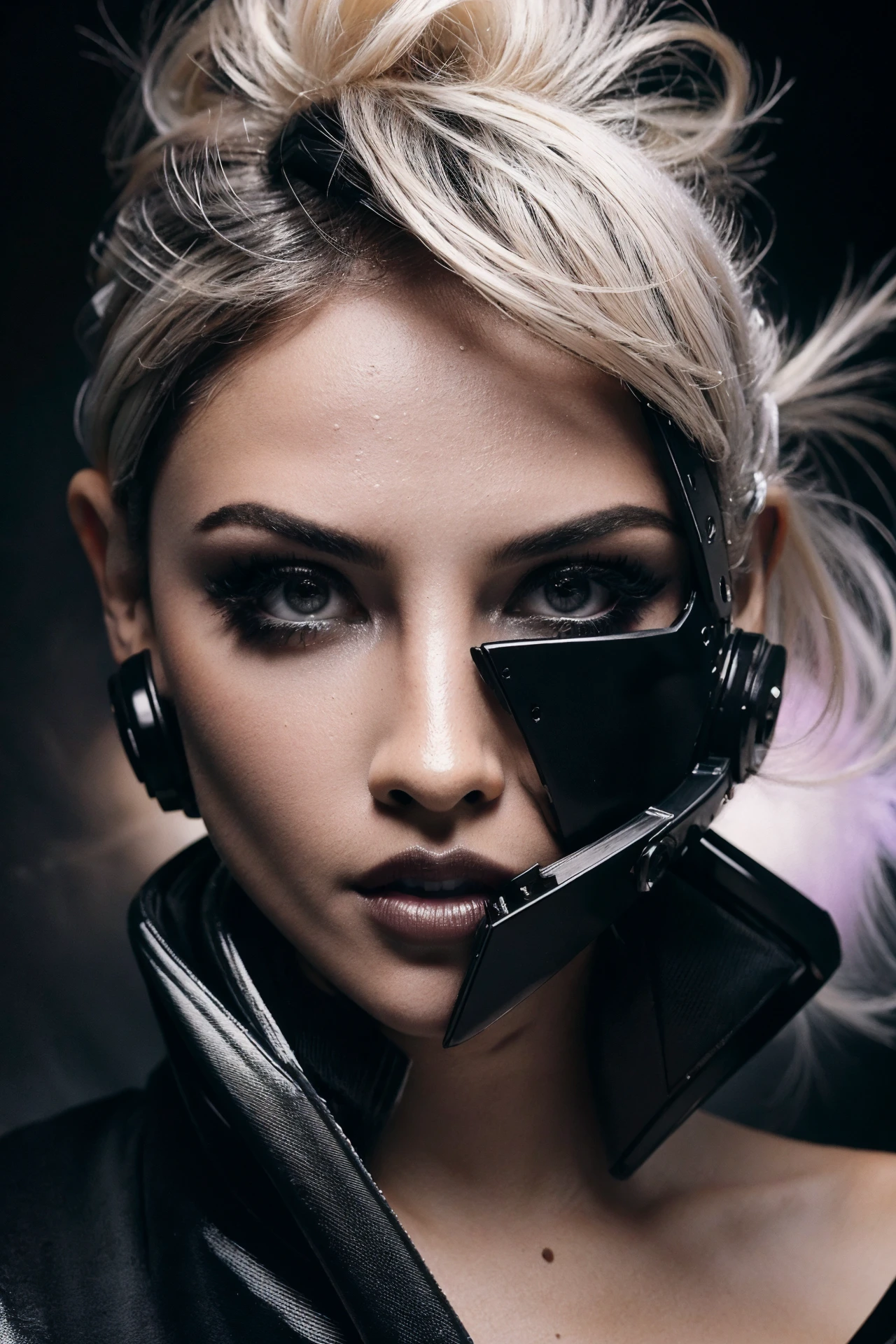 close-up, Biomechanical goth supermodel (beautiful funeral pixie-like) dressed in dark-black black sci-fi spacesuit and black helmet, pale smooth skin, bleached hair, darkness except for light on her face, romantic luminous quality, low key black image, jet-black background, in the style of Richard Avedon, retrofuturistic film noir photography, professional black and white photography, fashion glamour photo splatter, messy hair, blemishes, gray-0.25
<lora:Eiza_Gonzalez_640x960:0.8>