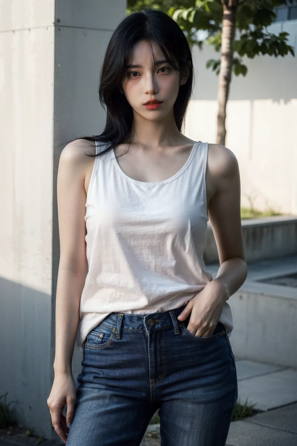 (realistic), (hyperrealism),best quality, masterpiece,ultra high res, (photorealistic:1.4),1girl,(looking at viewer:1.2),1girl, solo, realistic, looking at viewer, parted lips, short jeans, tanktop,
, <lora:makina69_mido_v1.0:1>