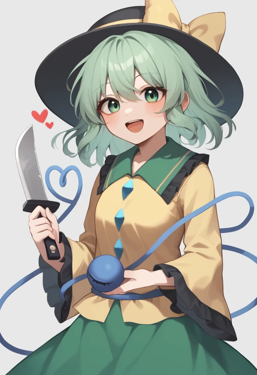 score_9,score_8_up,score_7_up,<lora:komeiji_koishi:1>,1girl, animated, black_hat, blouse, eyeball, frilled_shirt_collar, frilled_sleeves, green_eyes, green_hair, hat_bow, hat_ribbon, heart_of_string, holding_knife, holding_weapon, komeiji_koishi, open_mouth, smile, solo, video, yellow_ribbon, yellow_shirt