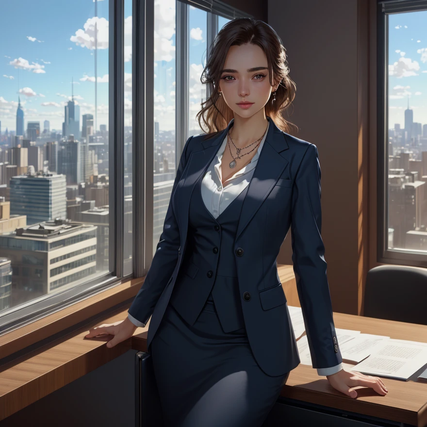<lora:Midjourney_v6_Version_1.1:0.91> midjourney, female, business suit, office, large windows, skirt, view of city, blue sky, large desk in foreground, necklace, 1female, best quality, masterpiece, detailed, 8K, uhd, (extremely detailed CG unity 8k wallpaper),(masterpiece), (best quality), (ultra-detailed), (best illustration), detailed face, skin pores, detailed skin, detailed eyes, high quality eyes, good quality hands, high resolution, great anatomy