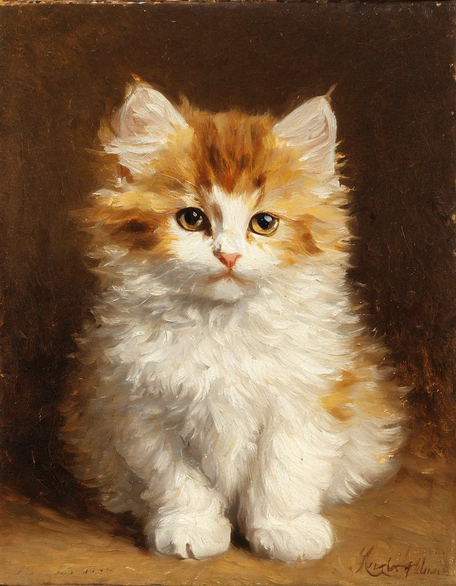 an oil painting of a cute cat, kitten, fluffy, <lora:cat_painting_XL_resize:1>