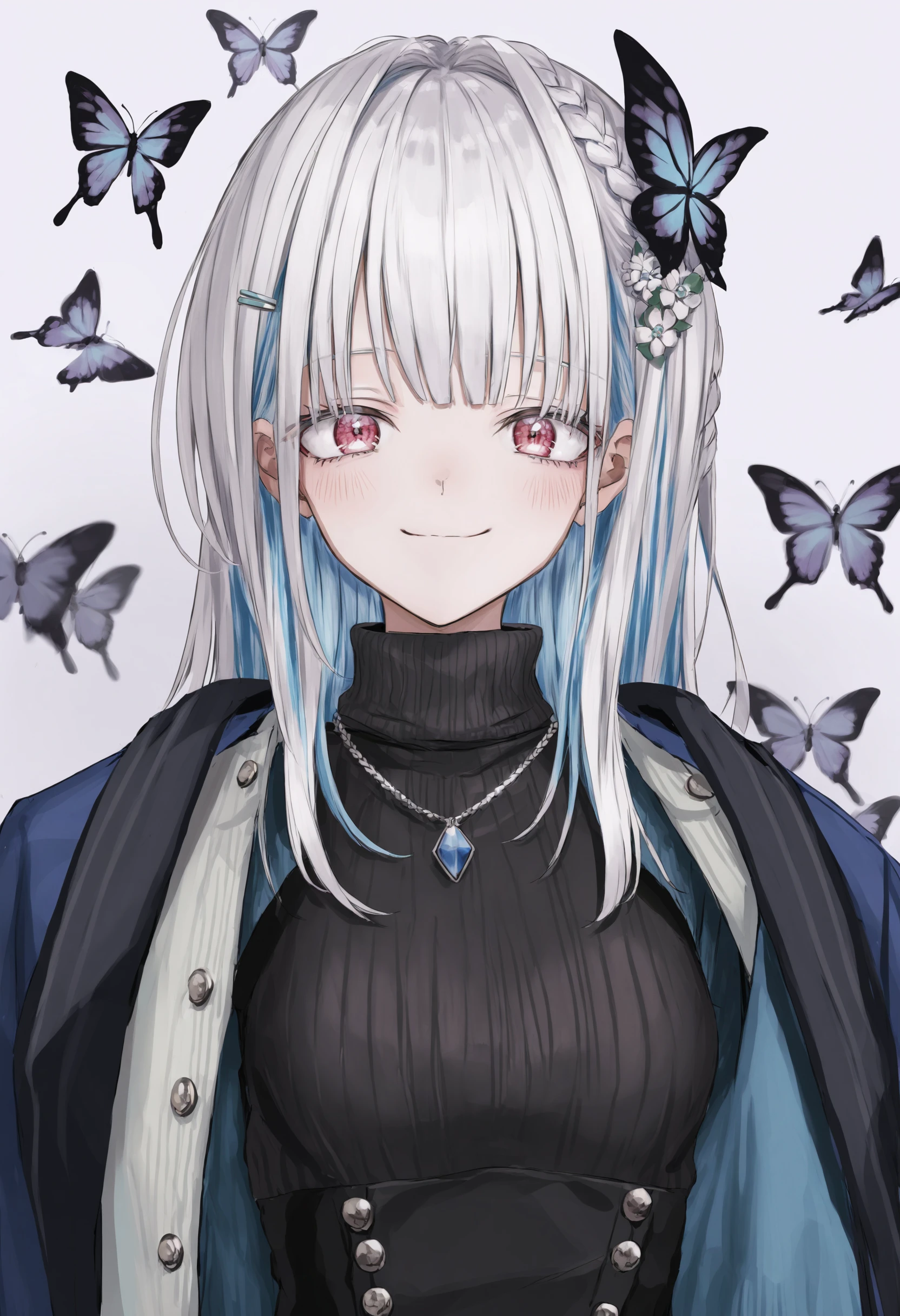 1girl,
lize helesta,
solo, sweater, upper body, hair ornament, virtual youtuber, black sweater, bangs, long hair, jewelry, white hair, multicolored hair, necklace, hairclip, braid, butterfly, blue hair, flower, blunt bangs, bug, closed mouth, turtleneck, looking at viewer, ribbed sweater, simple background, breasts, white background, red eyes, turtleneck sweater, colored inner hair, medium breasts, single braid, buttons, hair flower, sidelocks, side braid, hair over shoulder, earrings, french braid, jacket, eyelashes, jacket on shoulders, smile, blue jacket,
masterpiece, best quality
<lora:GUXLlokr8f-000183:0.95>