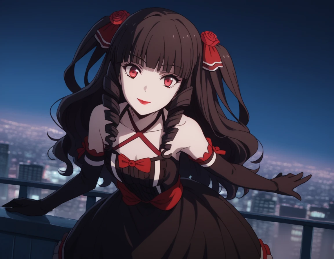 score_9, score_8_up, score_7_up, source_anime,
ayakokuroba, <lora:ayako-kuroba-s2-ponyxl-lora-nochekaiser:1>,
ayako kuroba, long hair, bangs, black hair, hair ornament, red eyes, hair ribbon, hair flower, blunt bangs, rose, drill hair, lipstick, red flower, red rose, red lips,
gloves, dress, bow, bare shoulders, collarbone, frills, detached sleeves, black gloves, elbow gloves, black dress, halterneck,
outdoors, cityscape, bent over, smile,
solo, dutch angle, looking at viewer, cowboy shot,