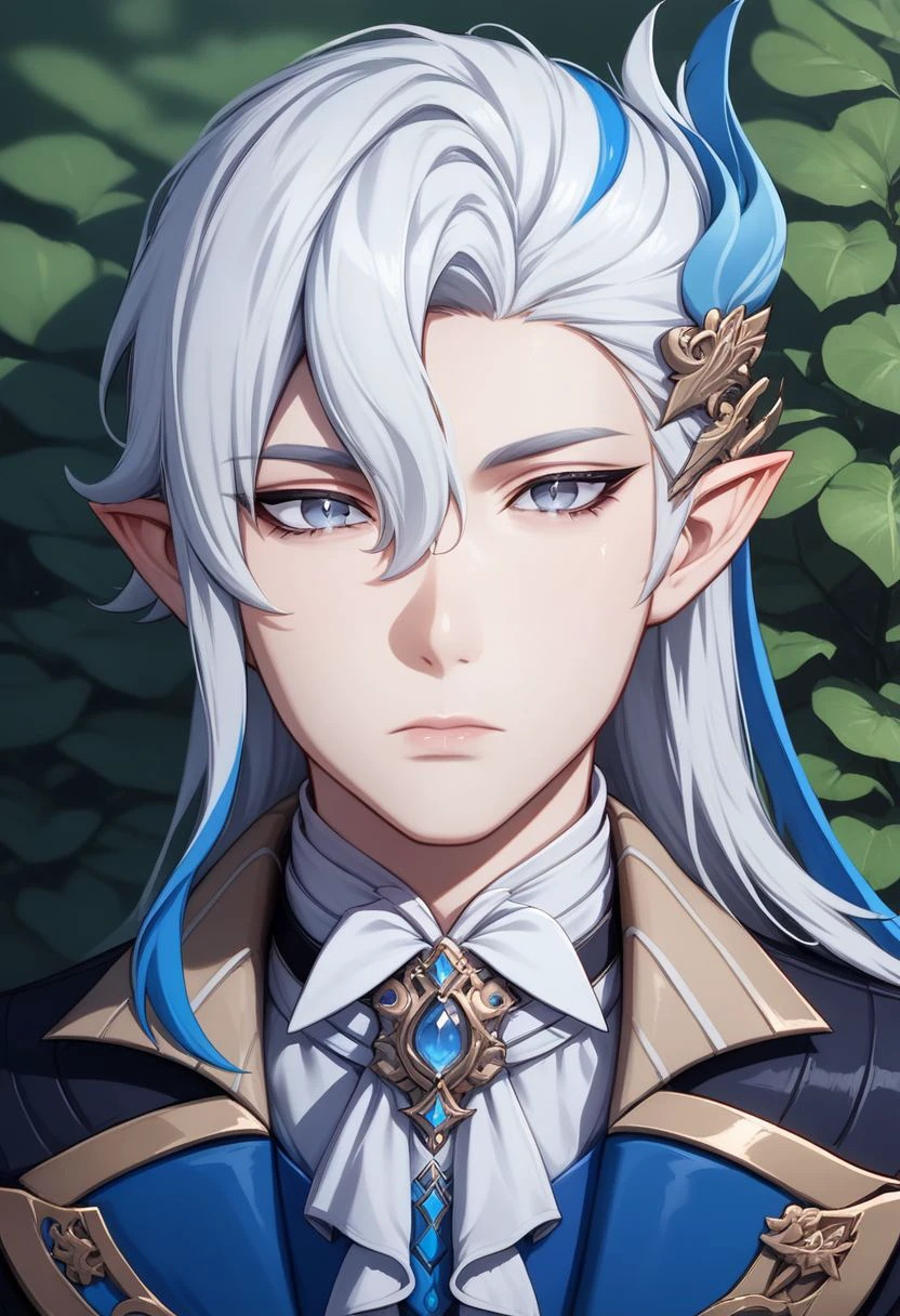 neuvillette, 1boy, male focus, solo, long hair, white hair, multicolored hair, looking at viewer, pointy ears, hair ornament, closed mouth, upper body, white ascot, ascot, blue hair, brooch, portrait, blue eyes, hair between eyes, jewelry, grey eyes, two-tone hair, lips, feather hair ornament zPDXL