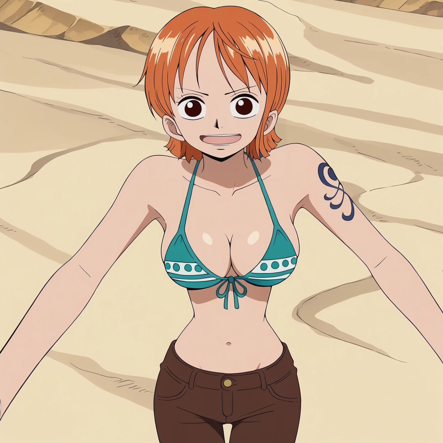nami, 1girl, solo, breasts, smile, short_hair, large_breasts, brown_eyes, medium_breasts, closed_mouth, bikini, orange_hair,, night, room
