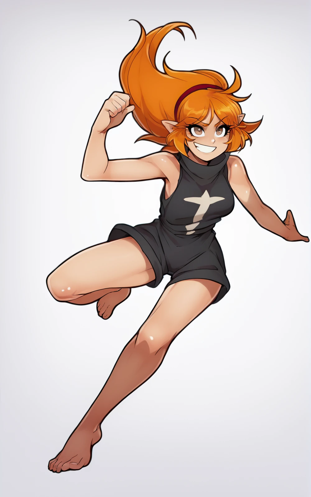 score_9, score_8_up, score_7_up,((best quality)), absurdres,((full body)), <lora:JagodibujaStylePXL:0.8>, <lora:ElelyPXL:0.8>,ElelyPXL,barefoot, orange hair, brown eyes,pointy ears,red hairband,sleeveless,baggy clothing,black clothes,white background,slim,smile,action pose