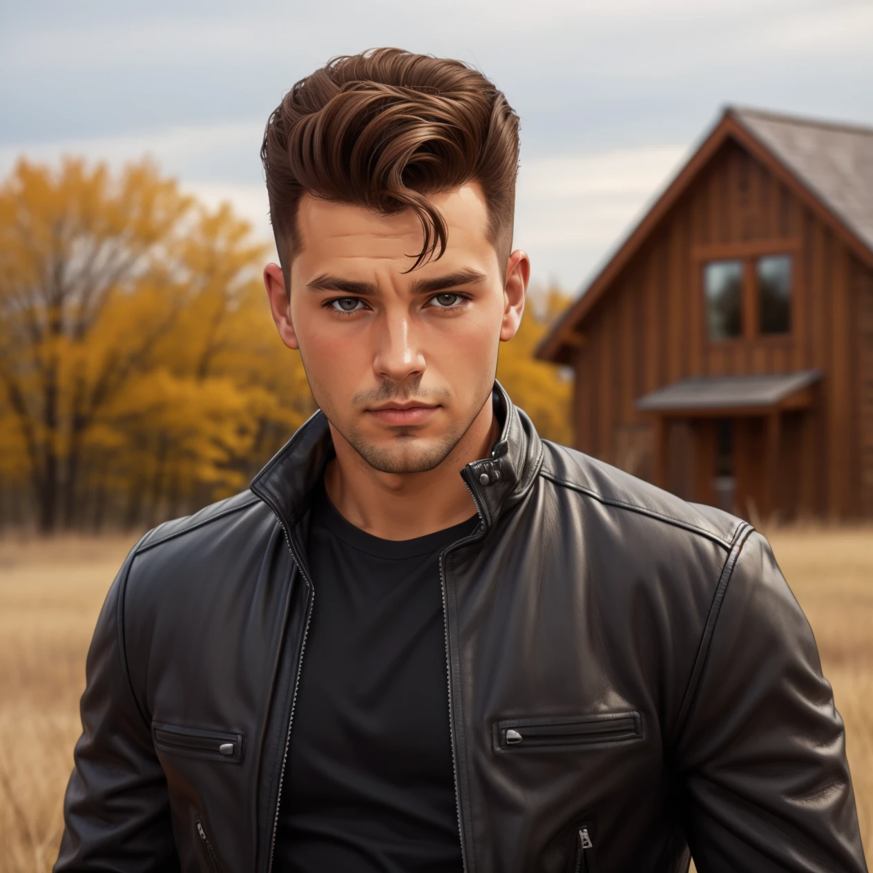 hud_grsr_hr, solo, male focus, 1boy, realistic, leather jacket, brown hair, pompadour, <lora:hud_grsr_hr_SD15:0.75>, southern prairie