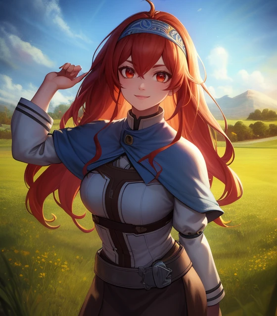 Cowboy shot, Eris Greyrat, Red eyes, Adventurer's clothes, Headband, A little smile,
(Standing pose:0.7), Blue atmosphere, Field,
HDR, highly detailed face and eyes, Masterpiece, Best quality, intricate, highly detailed, 8k, Trending on artstation, (Anime style:0.4),
<lora:Gabachek_Eris_Greyrat-01:0.7>