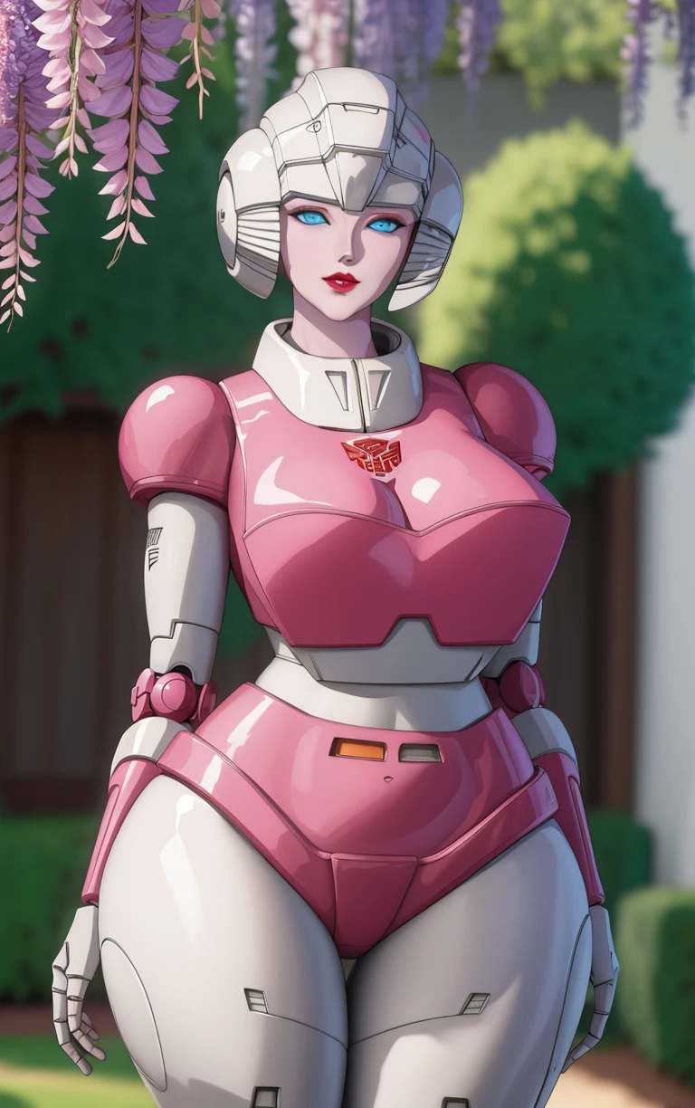 (masterpiece, best quality:1.4), insaneres, absurdres, solo, looking at viewer,BREAK 
Main_G1_Arcee_ownwaifu,  
1girl, autobot, blue eyes, helmet, mecha, no humans, pink top, red lips, shiny, insignia, pink panties, lipstick, breasts, glowing eyes, medium breasts, wide hips, makeup, navel, thick thighs, robot girl, 
(leaning forward, arms behind back), cowboy shot, garden, wisteria, outdoors, <lora:CARTOON_G1_Arcee_ownwaifu:0.85> , depth of field, solo,