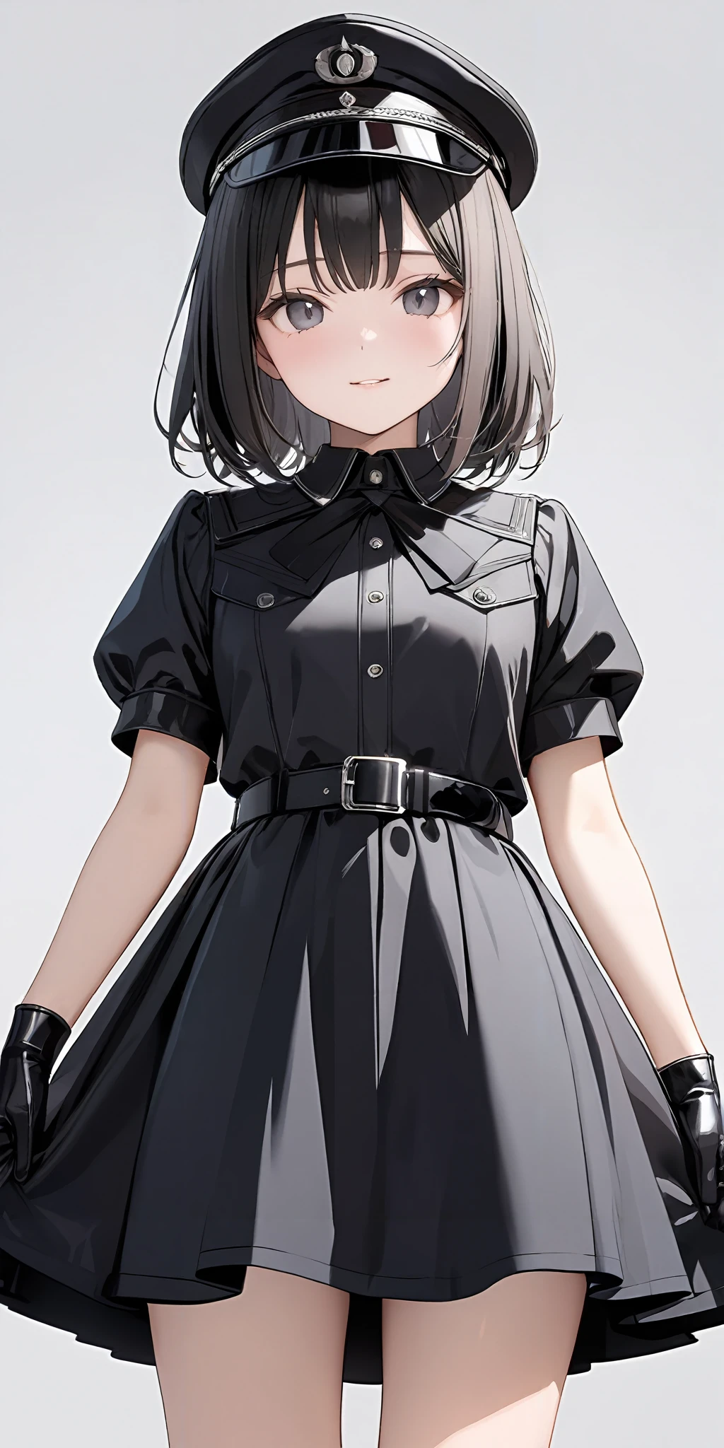 masterpiece,ultra-detailed,best quality,8K,illustration,cute face,clean skin ,shiny hair,girl,simple background,cowboy shot
<lora:military uniform_XL_V1.0:1> jyojifuku, m dress, gloves, boots, belt, hat