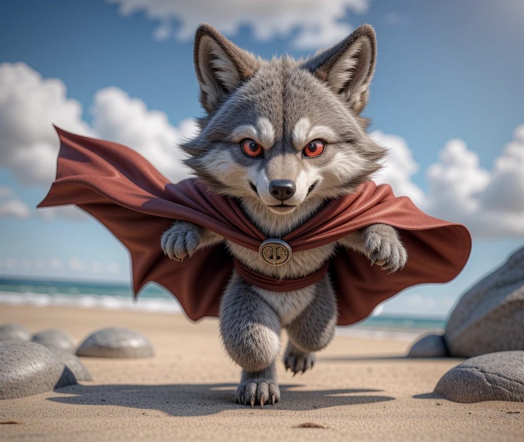 furry wolf, gray wolf, chibi, with red eyes,  beach, front view, running, wind blowing the cloak, cute cartoon, anime, close-up, ring with the stone, atmospheric perspective