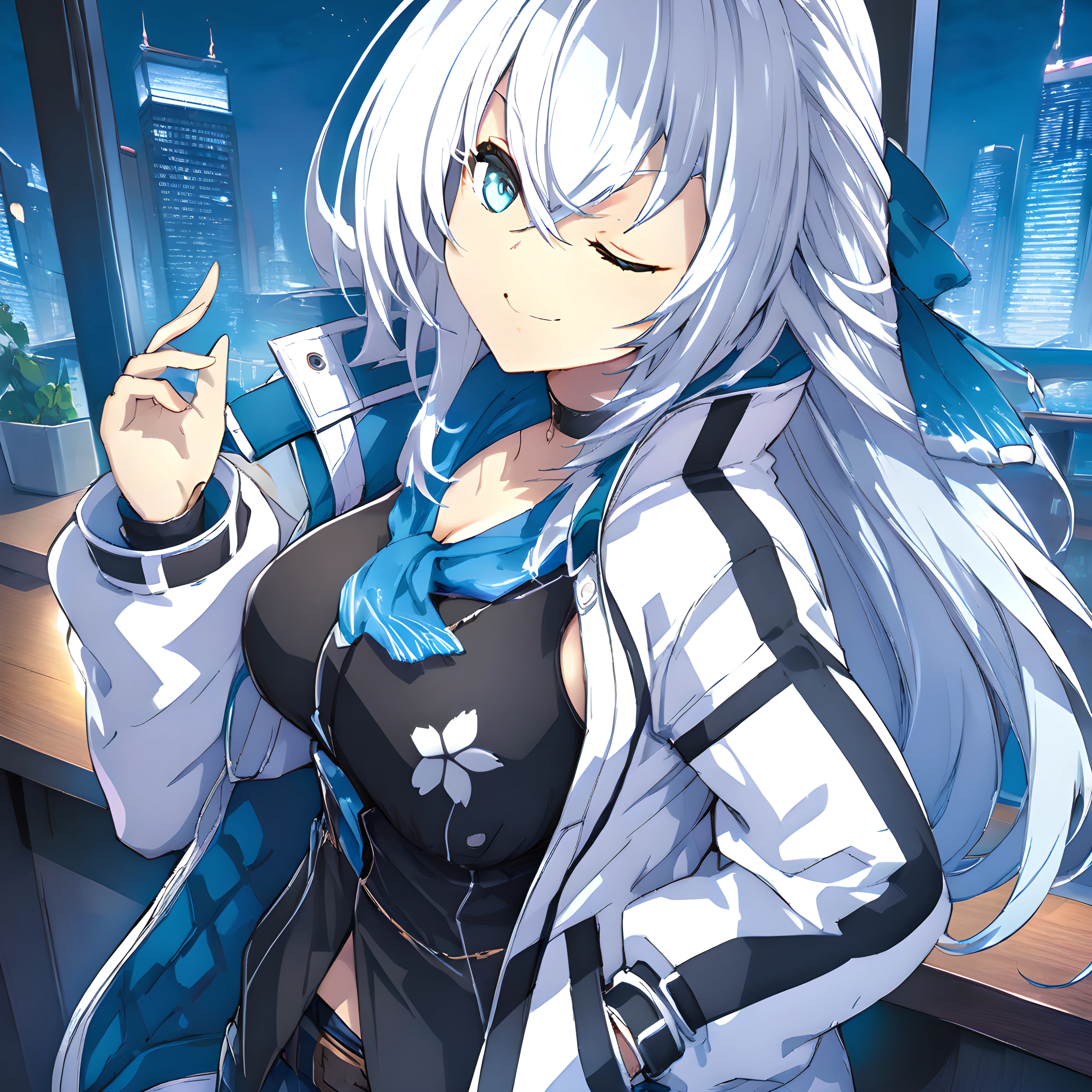 (masterpiece),(best quality),(ultra-detailed),(best illustration),(best shadow),(absurdres),(detailed background),(very aesthetic), shizuna rem misurugi, 1girl, one eye closed, solo, blue eyes, long hair, smile, jacket, silver hair, hand in pocket, breasts, shirt, looking at viewer, kuro1, night city background<lora:XL-Shizunav1ALT:1>