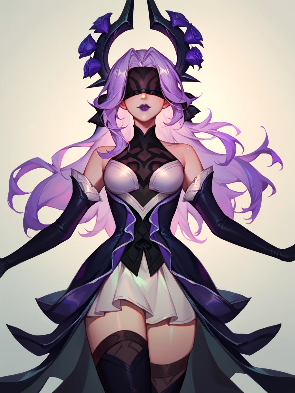 score_9, score_8_up, score_7_up, SyndraWR, 1girl, solo, black halo, purple long hair, blindfold, purple lips, purple and white dress, purple gloves, black high boots, roses <lora:SyndraWR:1>