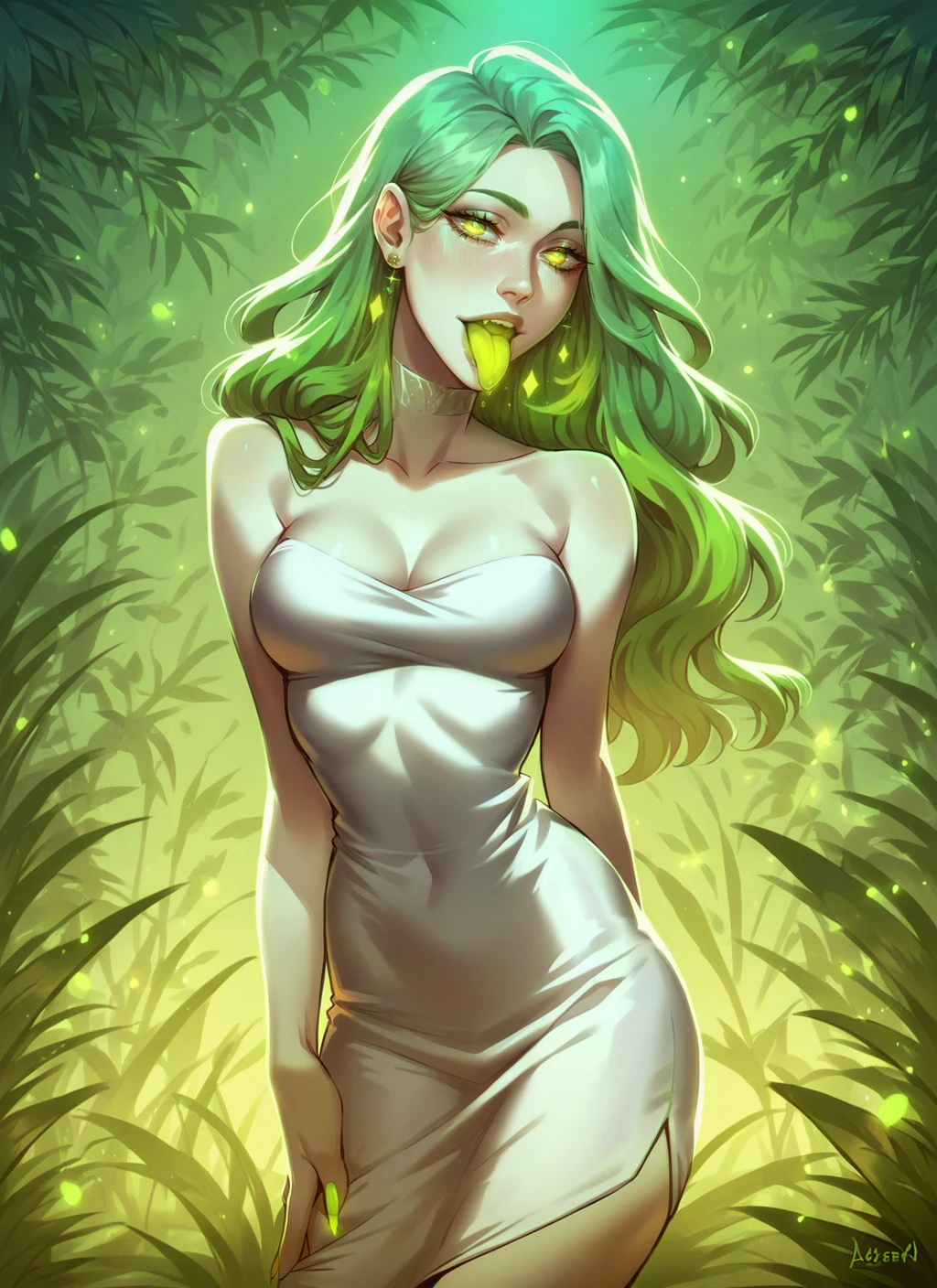 score_9, score_8_up, score_7_up, highly detailed, beautiful girl, gentle eyes, pale skin, glowing green tongue, midriff, white dress, acrlc, rating_questionable, source_anime, BREAK best quality, masterpiece, cartoon, e621, digital_art <lora:Acrylicmix-style-pdxl:1.0>