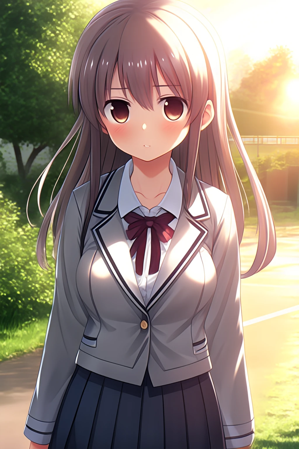 1girl,blush,looking at viewer,school uniform, outdoors, day,sunlight, 