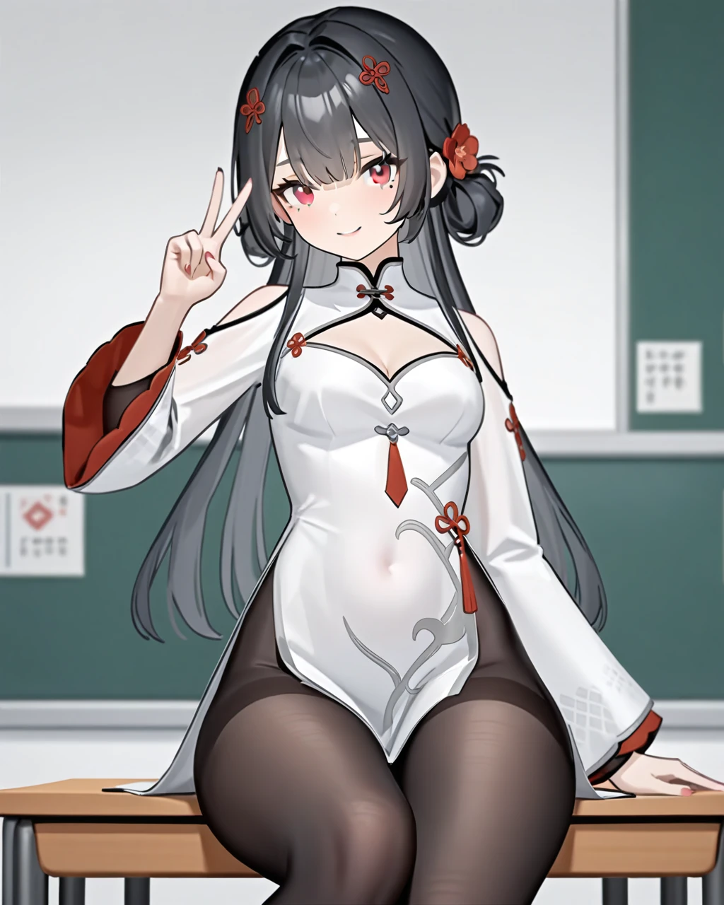 masterpiece,best quality,looking at viewer,classroom,sitting on desk,v,smile,
<lora:xuankai_xl:0.7>,xuankai snowbreak,1girl,solo,mole under eye,long hair,cleavage cutout,clothing cutout,black hair,pantyhose,hair ornament,dress,red eyes,flower,black pantyhose,chinese clothes,hair flower,white dress,breasts,small breasts,bangs,long sleeves,hair bun,wide sleeves,<lora:ankaxiya_xl:0.3>,3dstyle,