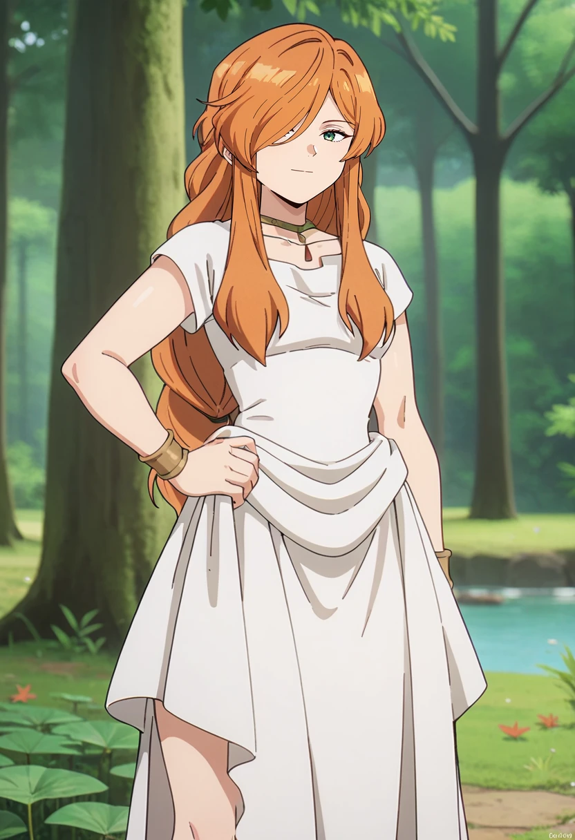 score_9, score_8_up, score_7_up,
<lora:SousouNoFrieren_FlammeXL:0.8>, FlammeSSnF,
1girl, solo, closed mouth, light smile,
orange hair, long hair, green eyes, hair over one eye,
white dress, necklace, ancient greek clothes, short sleeves, long dress,
standing, looking at the viewer, hands on own hips,
fantasy, medieval, photo background, forest, tree, moss, stream, stone, leaf, maple tree, grass, nature, blurry background