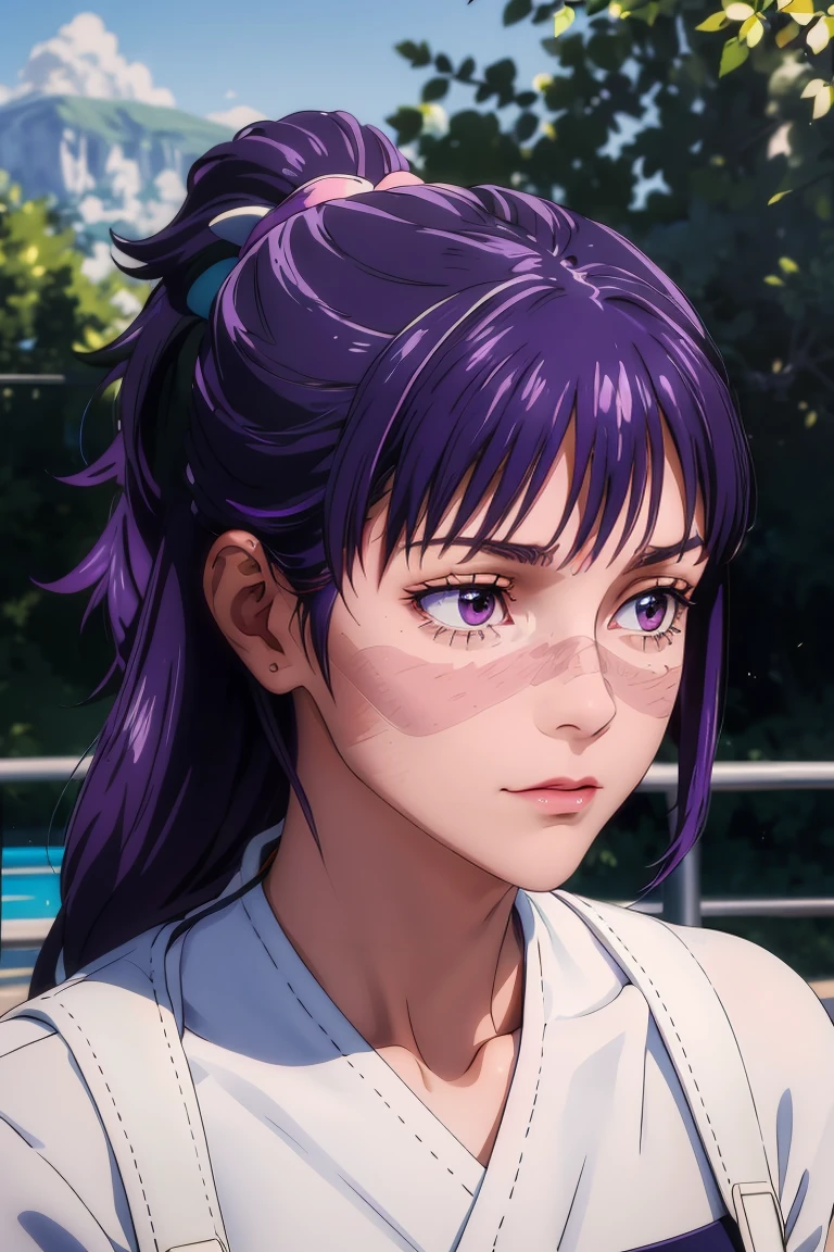 masterpiece, best quality, Ray tracing, hdr, volumetric lighting,
 <lora:Utahime_JujutsuKaisen_FefaAIart:0.77>, Iori, scar on face, bangs, scar on cheek, purple hair, ponytail,
looking at viewer, 
<lora:MicroBikini_FefaAIart:0.6>,micro bikini,  tiny microbikini,  microbikini, breasts,
wedged in vulva,areola,  lowleg, pussy peak, clitoris slip,