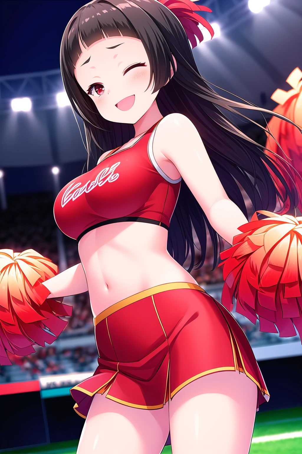 (masterpiece, best quality), highly detailed background, perfect lightingbest quality, isshikiairu, solo, outdoors, stadium, cheerleader, black hair, blunt bangs, very long hair, one eye closed, red eyes, medium breasts, red shirt, crop top, arm up, pom pom \(cheerleading\), red skirt, miniskirt, smile, open mouth, ;d, pink lips, <lora:Isshiki-Airu:0.7>