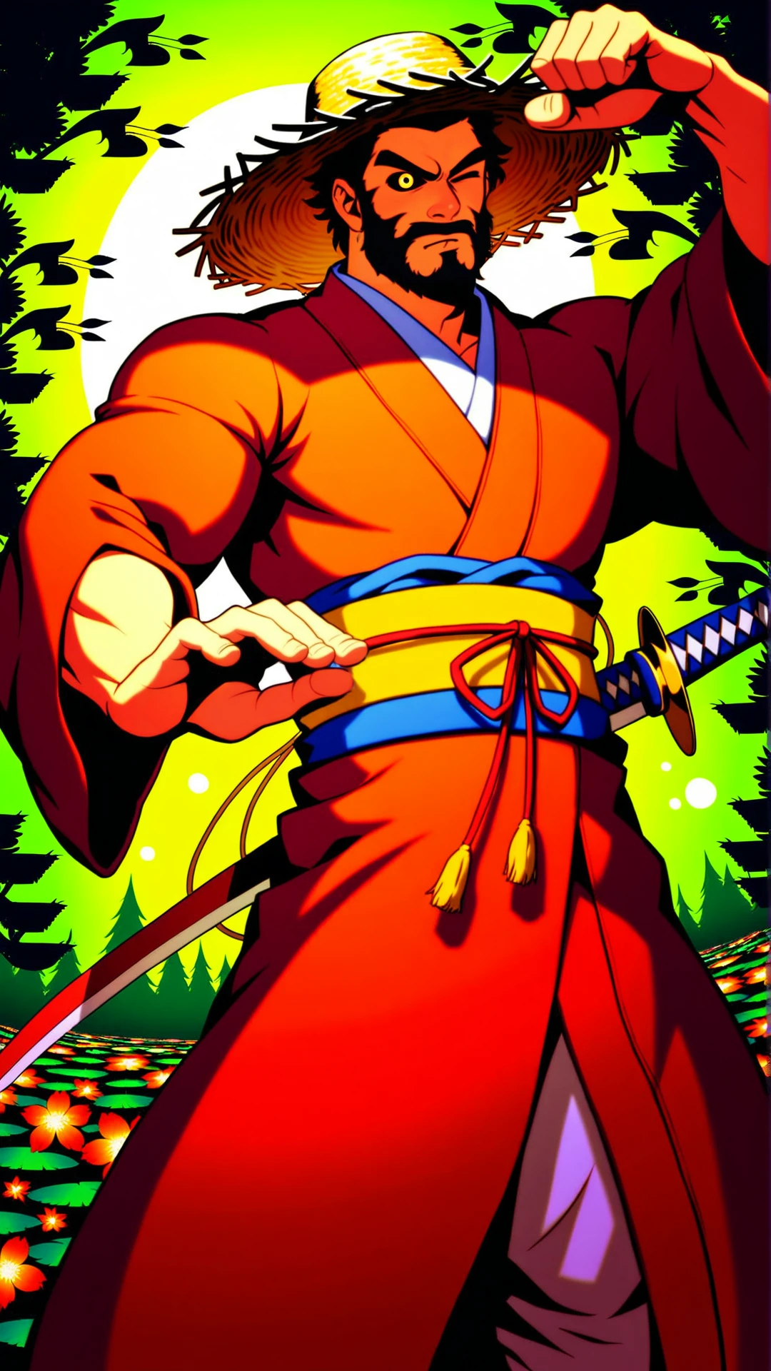 (zPDXL), (((cowboy shot))), (((dynamic pose))), (((dynamic angle))), sehele style, webtoon, centered, perfect hands, 1man, holding sheltered katana sword, (((straw hat))), bearded samurai, determined expression, left eye closed, right eye glowing yellow, black sclera, red kimono, red kimono, green forest, medieval fantasy, <lora:sd_xl_dpo_lora_v1:1>, <lora:Seunghee_Lee_Style_PDXL:1>
