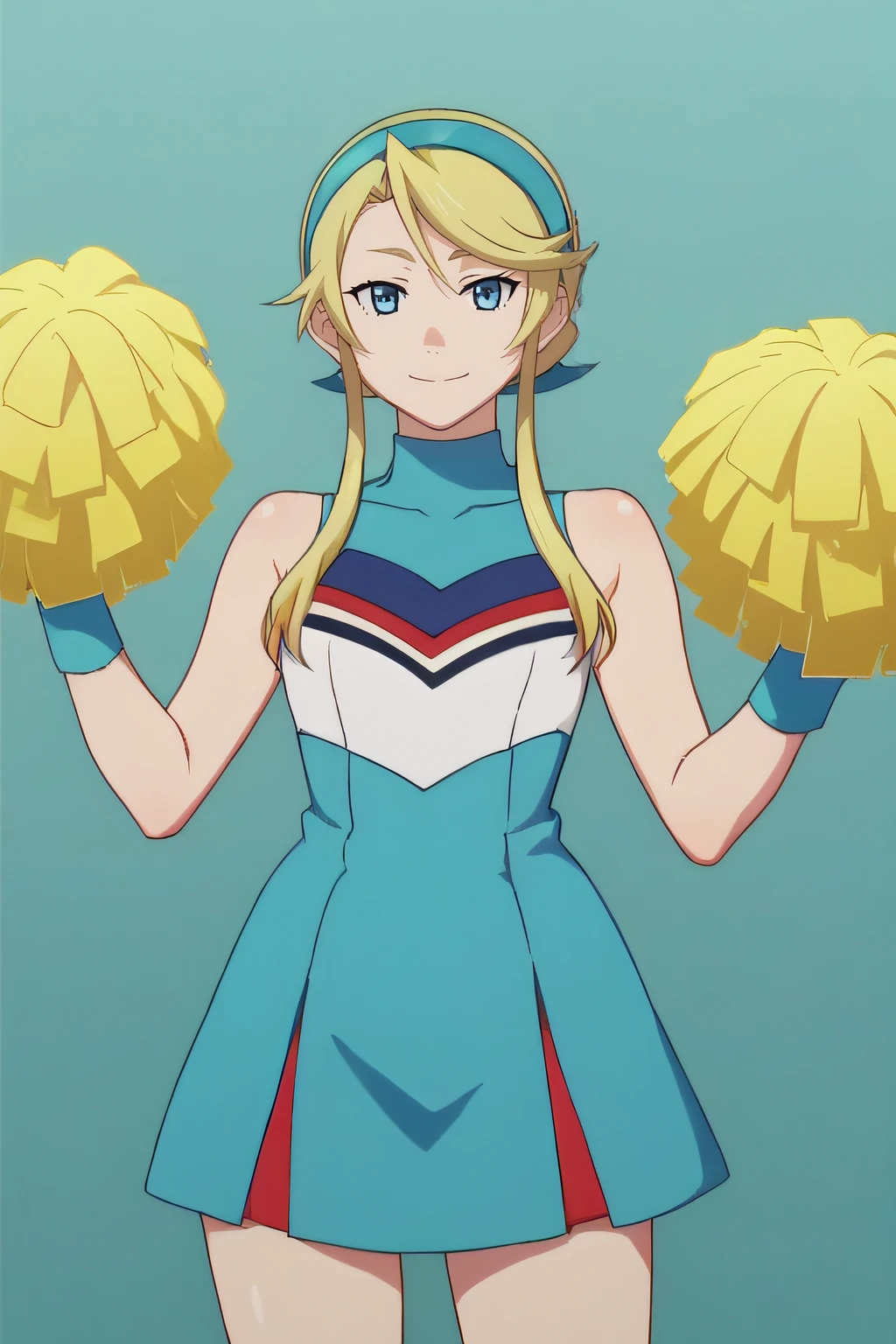 score_9, score_8_up, score_7_up, source_anime, rating_safe, intricate details, anime screencap, official style, <lora:PONY_Lina_Davis:1>, lina, blonde hair, blue eyes, hairband, bicolor dress, cheerleader, blue wristband, standing, simple background, looking at viewer, cowboy shot, smile, pom pom (cheerleading), hands up