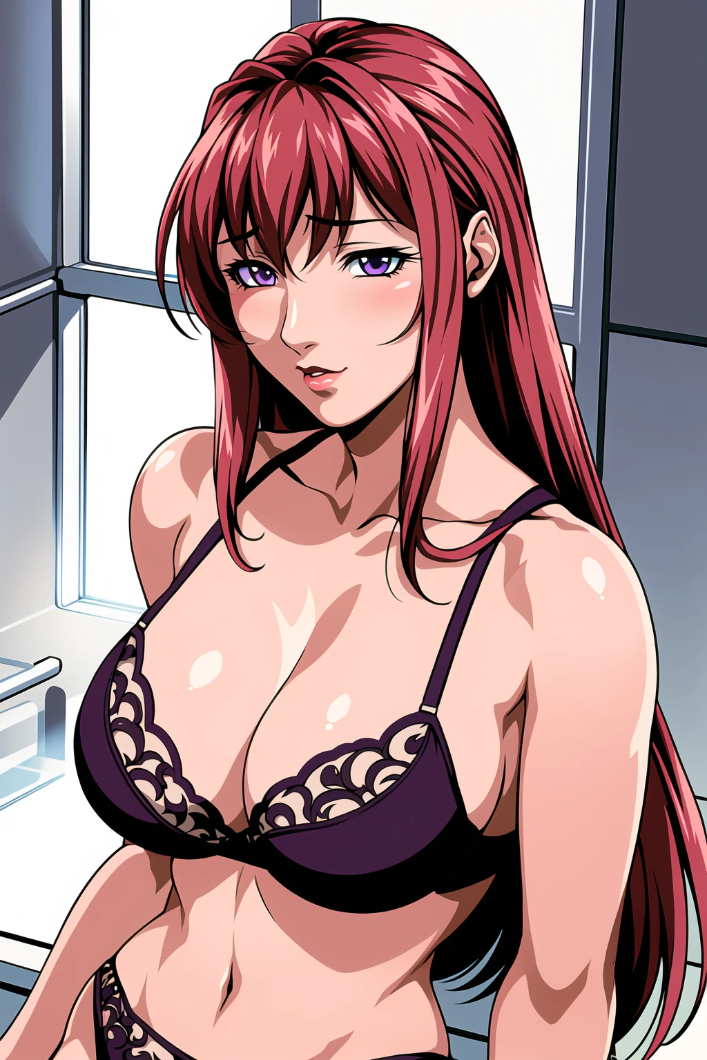 (best quality, ultra-detailed, anime picture, game cg, art cg, photorealistic, movie lighting, perfect shadow, realistic lighting shaded, unity 8k wallpaper), (Hiroko Takashiro), red long hair, large breasts, mature female, open mouth, perfect face, nipple, (purple elaborately designed luxury panties for adults, panties high definition images, draw panties with super precision), lace trimmed bra, extremely detailed texture, earrings, highheels, vulgarity, nose blush, sexy pose, in locker room, (((touching her clitoris herself with her finger))), squatting with legs apart, ((spread legs wide)), close up wet pussy, (alone:1.5), ((showing off her pussy)), squatting with legs apart, ((spread legs wide)), (having sex, vaginal penis),on bed, cowgirl position, hotel, (blushed and grinning), pubic hair, (wetty pussy:1.3), (sweaty), (look down at viewer:1.2),