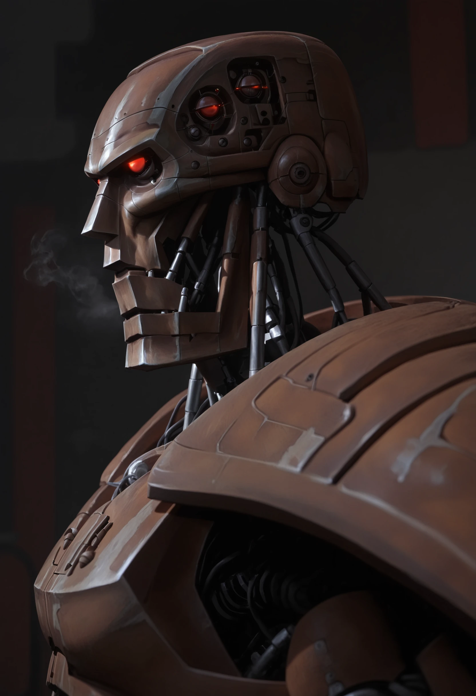 score_9, score_8_up, score_8, source_anime, <lora:Hammerstein:0.9> robot, no humans, science fiction, mecha, solo, realistic, glowing, red eyes, humanoid robot, cable, steam, upper body, view from side,
factory background, blurry background,