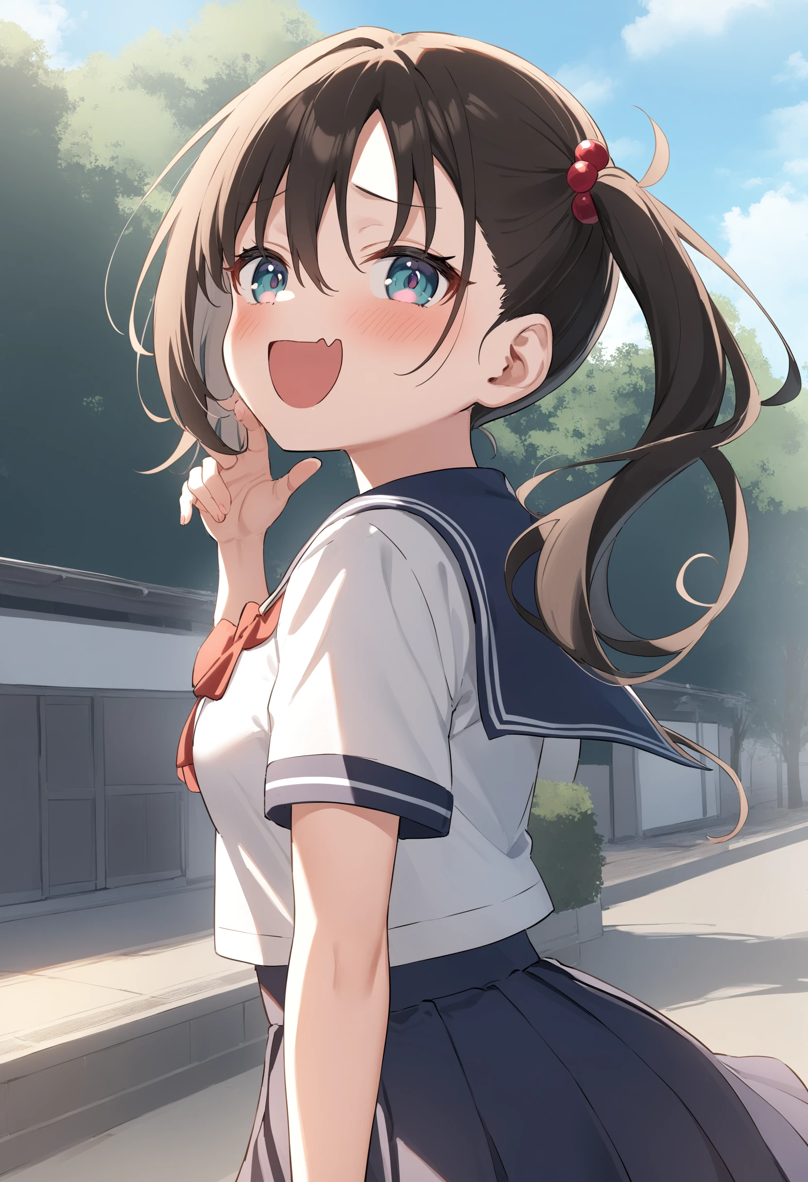 1girl,sincos, ningen mame, toosaka asagi,solo,medium breasts,school uniform,short sleeves,
mesugaki, smile, looking at viewer, blush, hand up, skin fang,<lora:mesugaki_XL_v1:0.9>
from side, panorama shot, looking up, brown hair, gray eyes,water eye, in front of station, open mouth, side ponytail hair,,
best quality, very aesthetic, absurdres