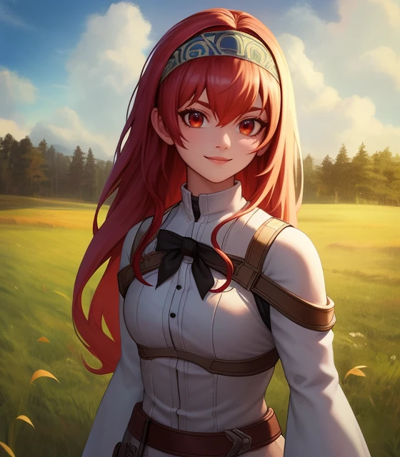Cowboy shot, Eris Greyrat, Red eyes, Adventurer's clothes, Headband, A little smile,
(Standing pose:0.7), Blue atmosphere, Field,
HDR, highly detailed face and eyes, Masterpiece, Best quality, intricate, highly detailed, 8k, Trending on artstation, (Anime style:0.4),
<lora:Gabachek_Eris_Greyrat-01:0.7>