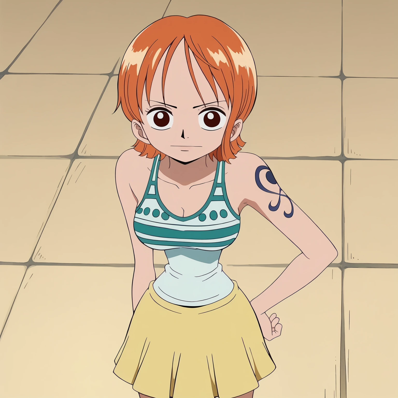 <lora:NamiXLpony001>,
solo,
Nami,1girl,orange hair,brown eyes,
short hair,
tank_top,yellow skirt,