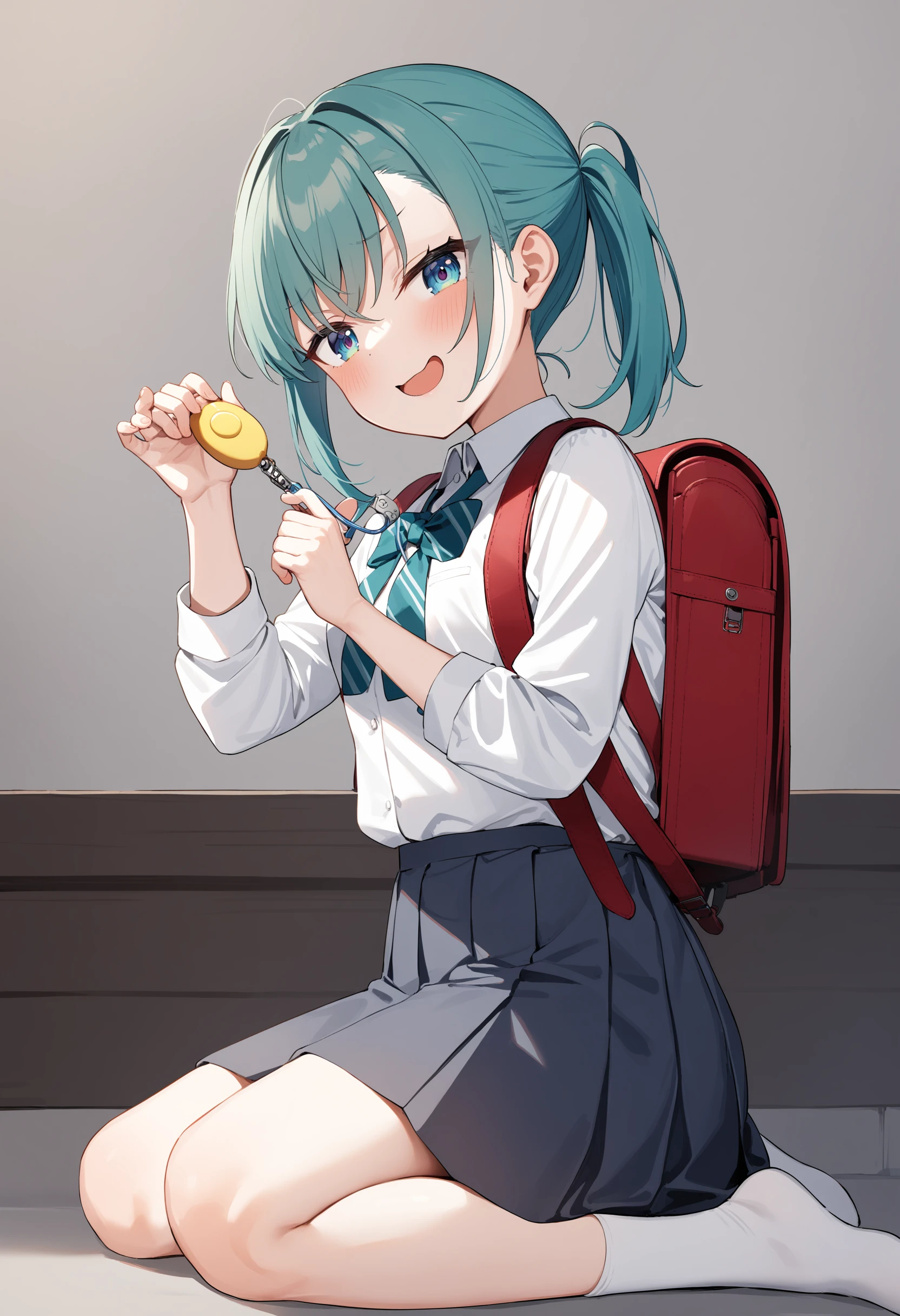1girl,sincos, ningen mame, toosaka asagi,solo,medium breasts,school uniform,
crime prevention buzzer, holding, looking at viewer, hands up, randoseru, backpack,<lora:crimepreventionbuzzer_XL_v1:0.8>
from side, full body, looking to the side, aqua hair, silver eyes,smug face, comiket, open mouth, short ponytail hair,,
best quality, very aesthetic, absurdres,